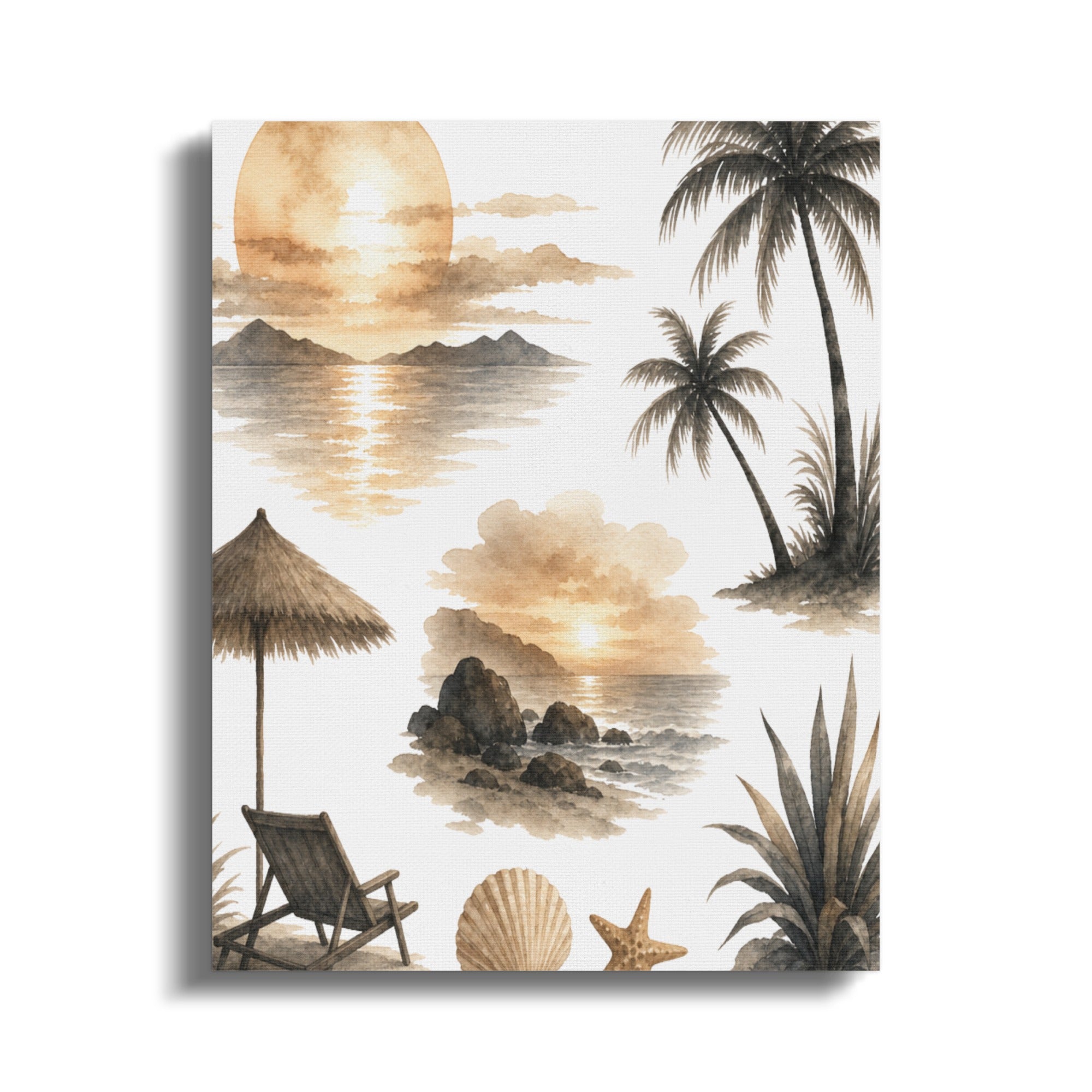 Watercolor collage of tropical beach scenes with palm trees, ocean, and lounge chair.