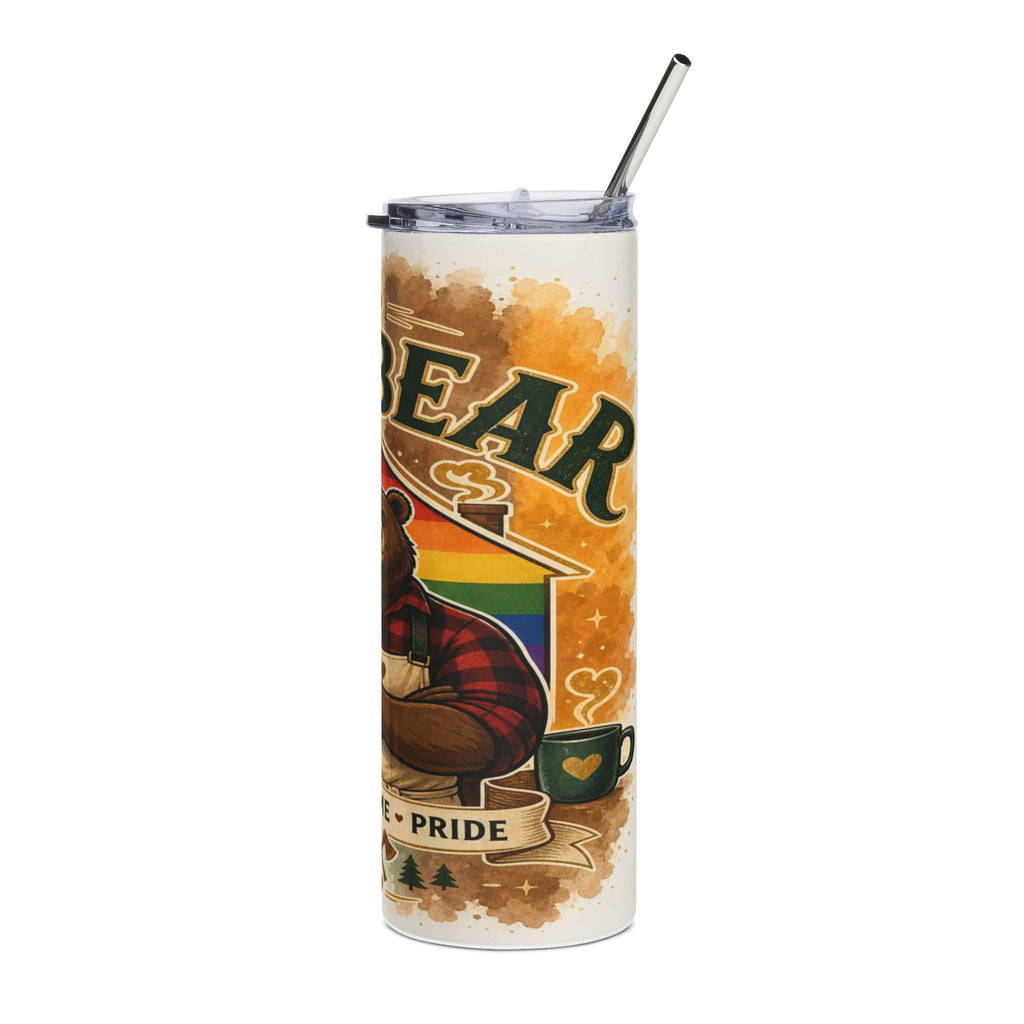 Tumbler with bear, rainbow house, coffee cup, and text "BEAR PRIDE".