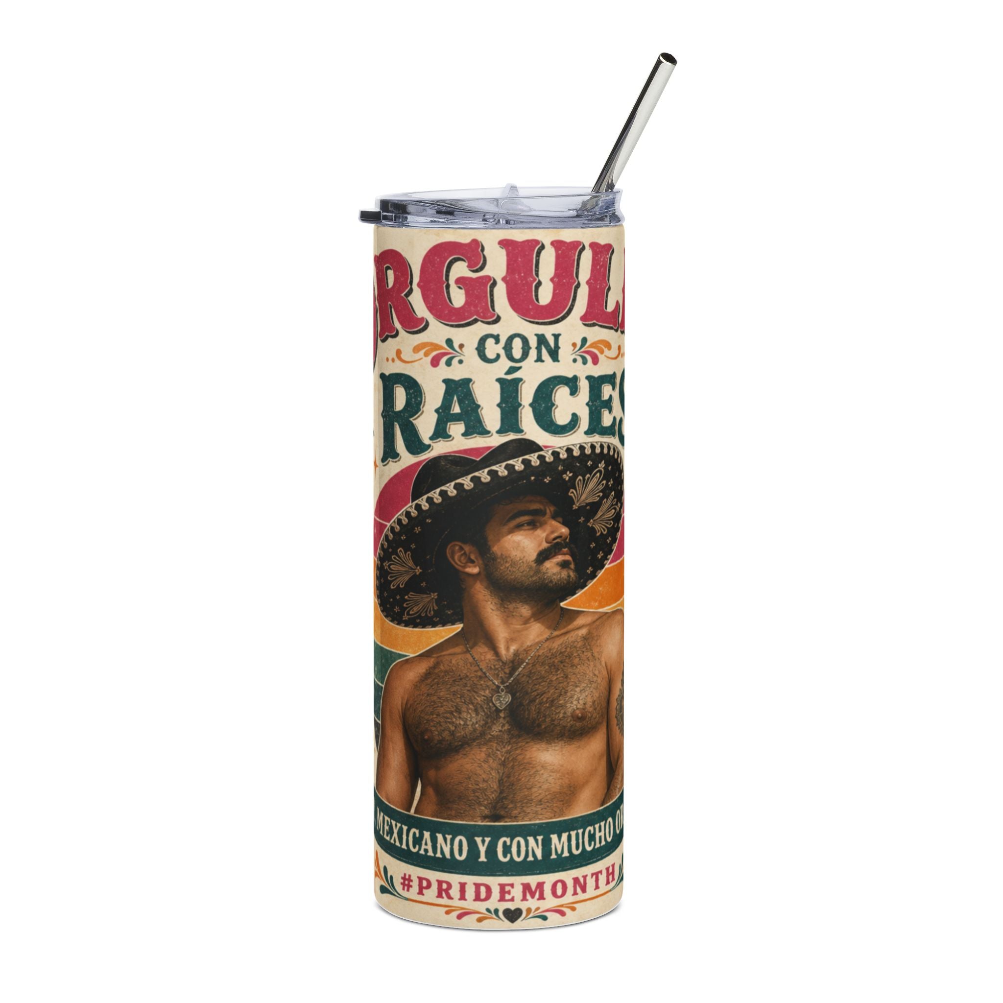 Man in cowboy hat with "Orgullo con Raices" and "#PrideMonth" text.