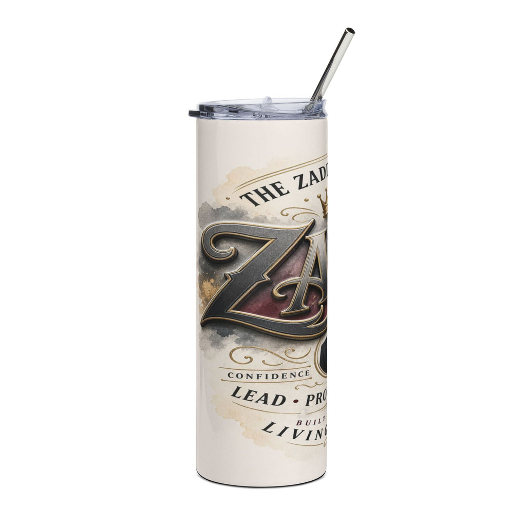 White tumbler with a straw, featuring the text "THE ZADIAC" and "CONFIDENCE LEAD PRO BUILT LIVING".