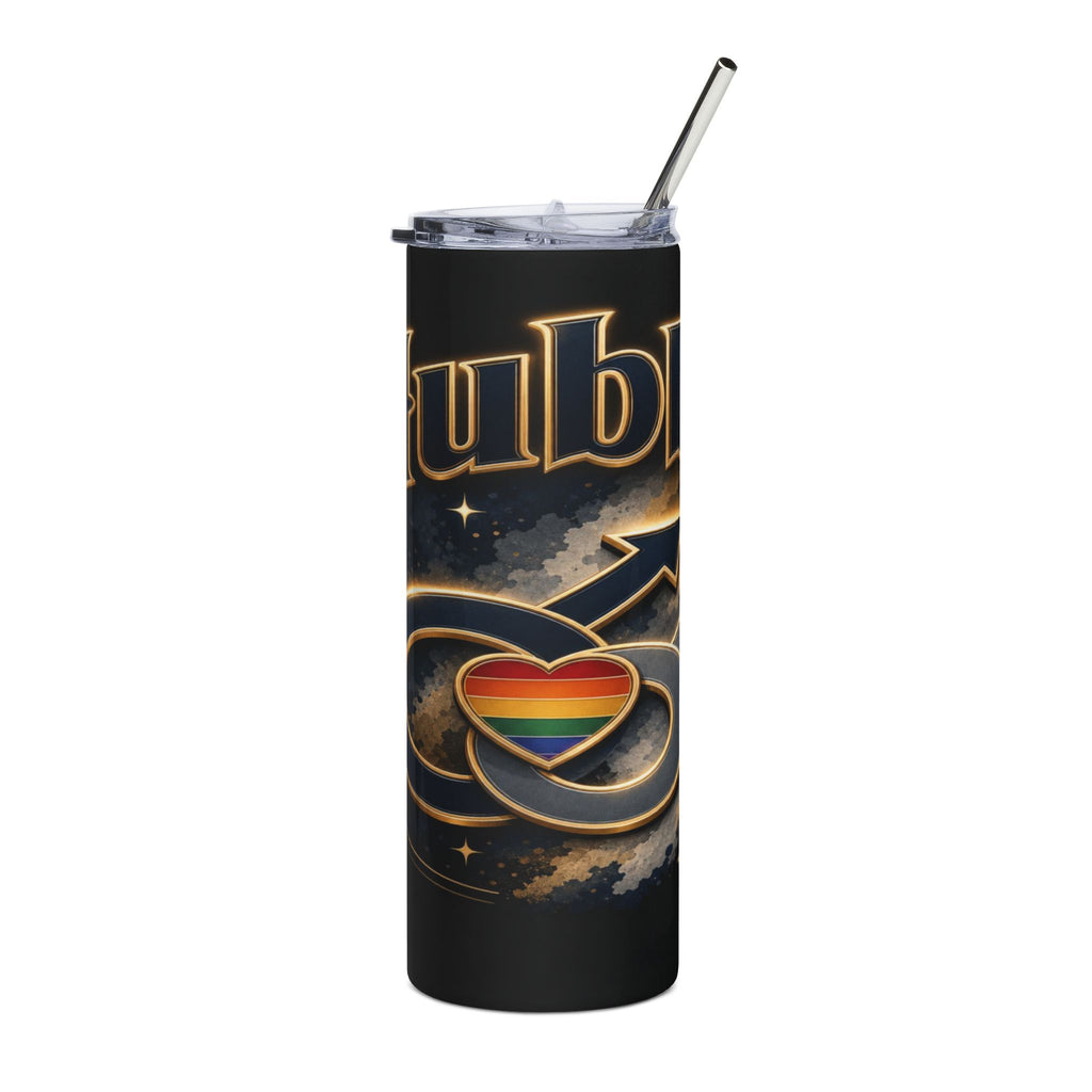 Black tumbler with gold lettering "Hubbl" and rainbow heart with male symbols.