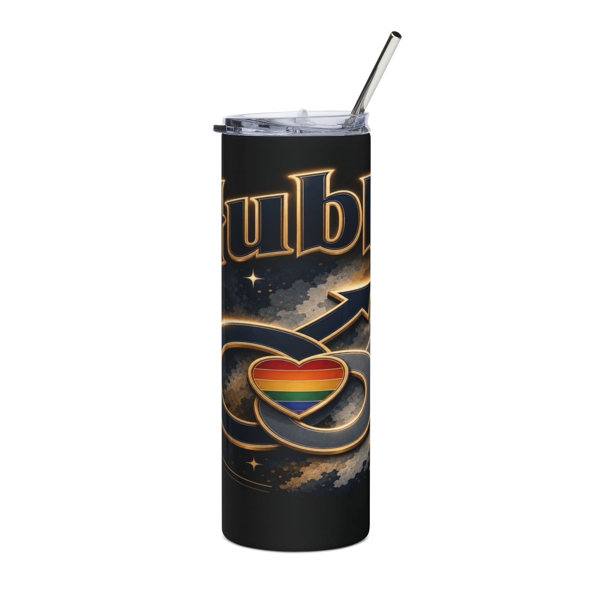 Black tumbler with gold lettering "Hubbl" and rainbow heart with male symbols.