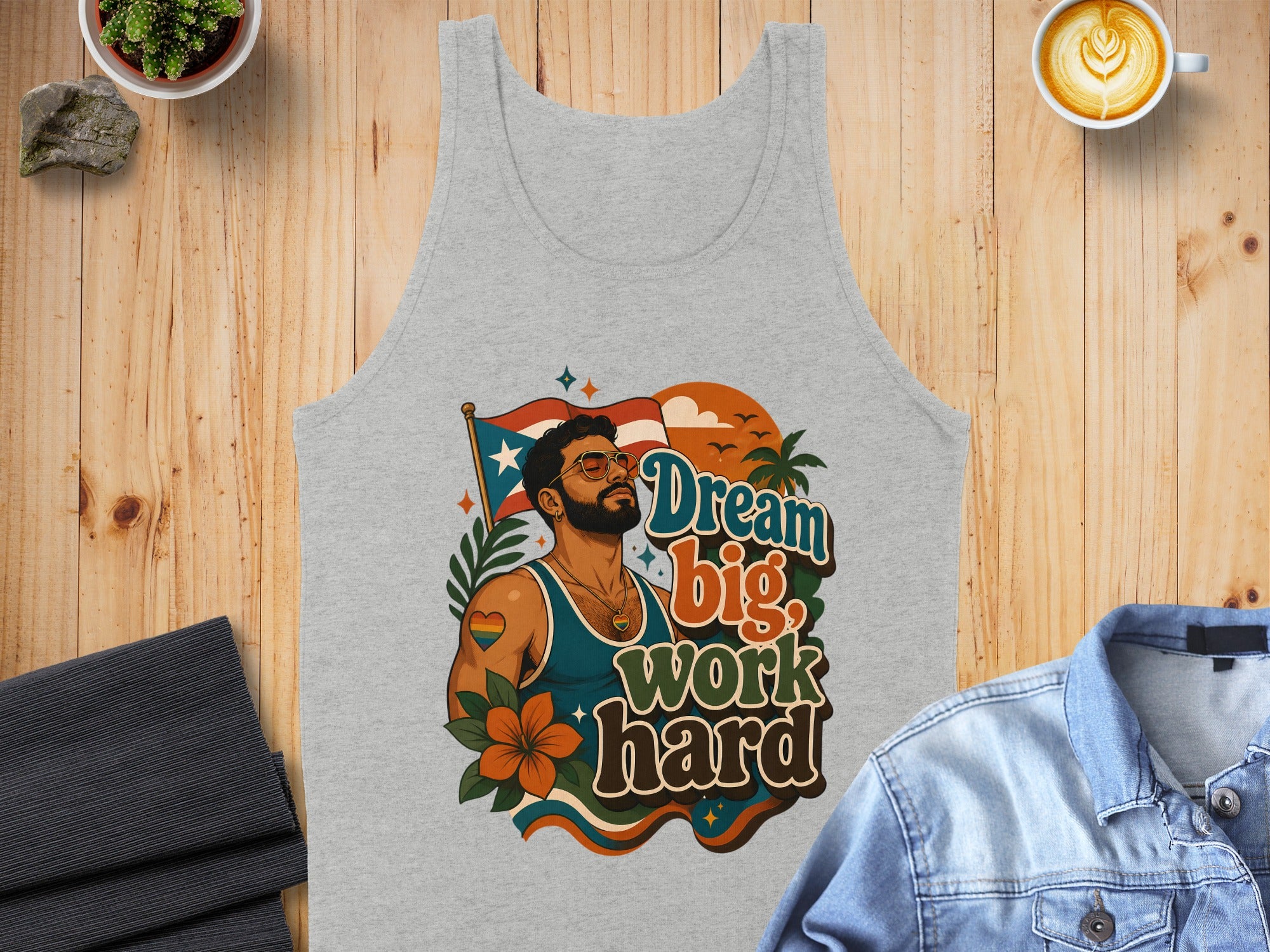 Grey tank top with "Dream big. work hard." and Puerto Rican flag.