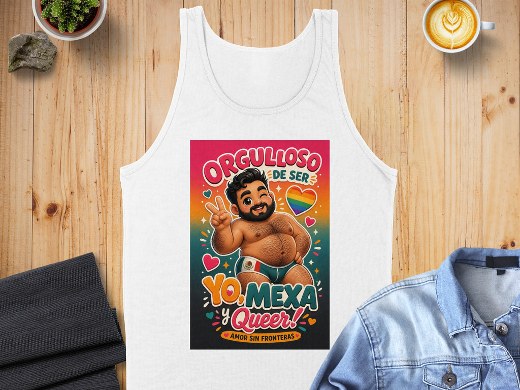 "Orgulloso de Ser Yo, Mexa y Queer" text on a tank top with a pride flag background.