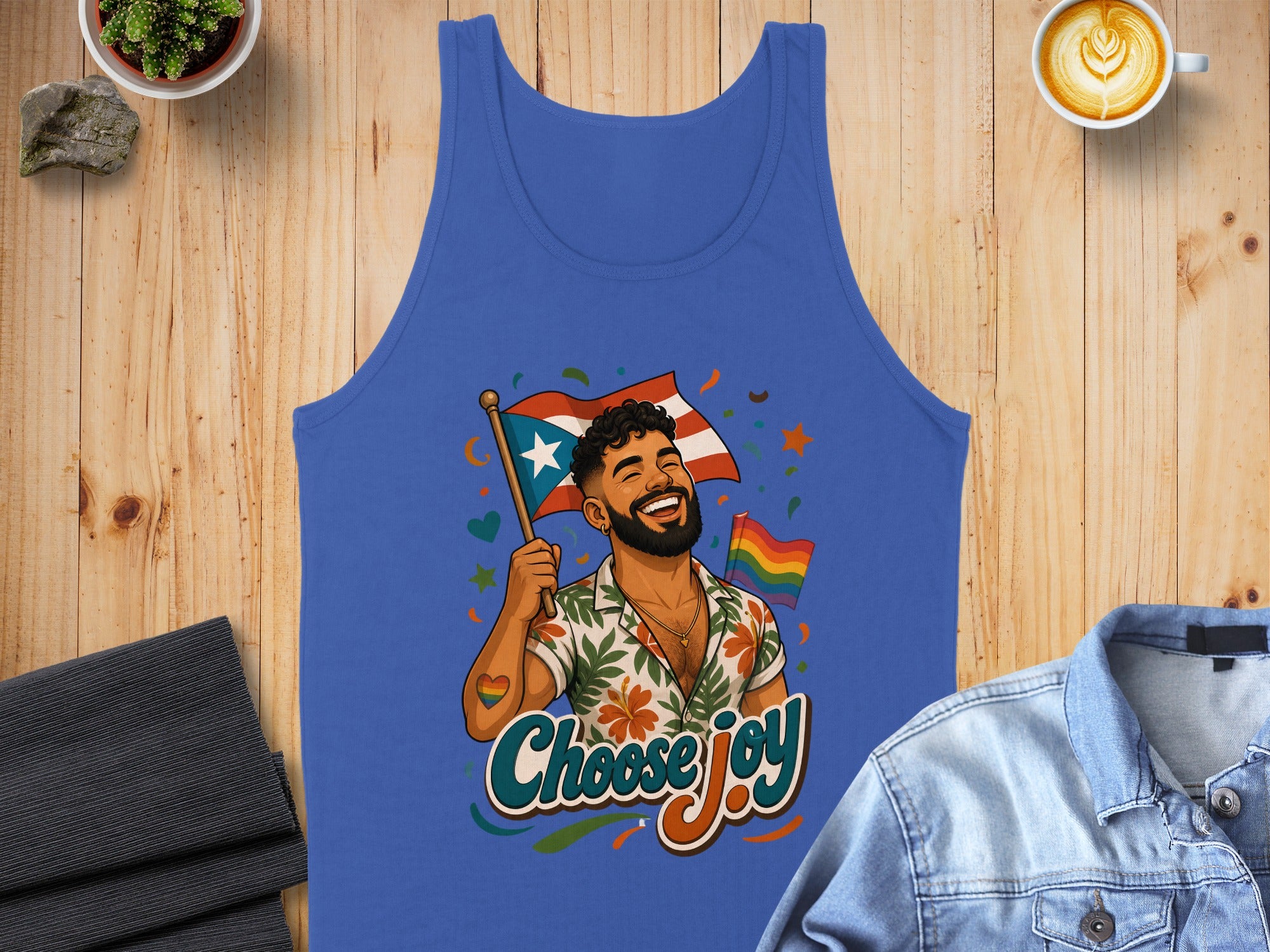 Man with Puerto Rican flag and rainbow stripes on blue tank top.