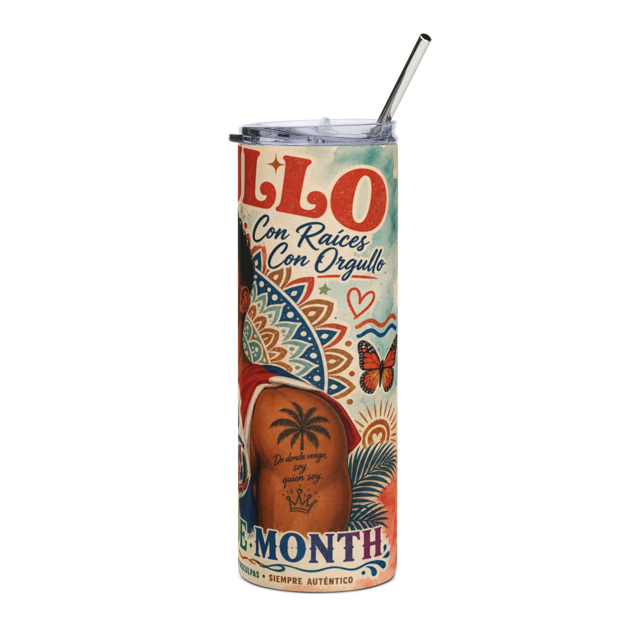 Tall tumbler with "Con Raices Con Orgullo" text and floral design.