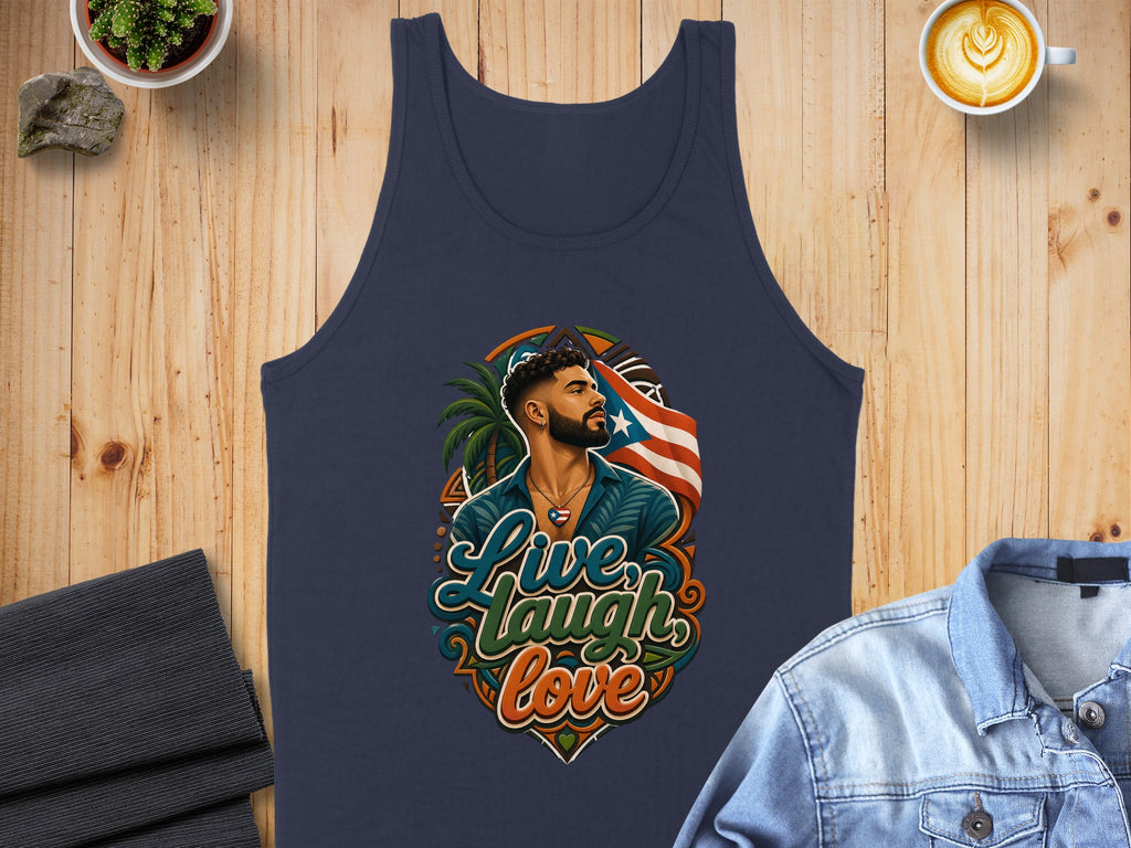 Navy tank top with "Live Laugh Love" design featuring a man and Puerto Rican flag.