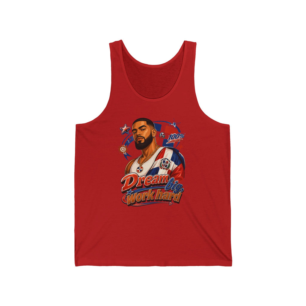 Red tank top with a graphic of a man and "Dream Big Work Hard" text.