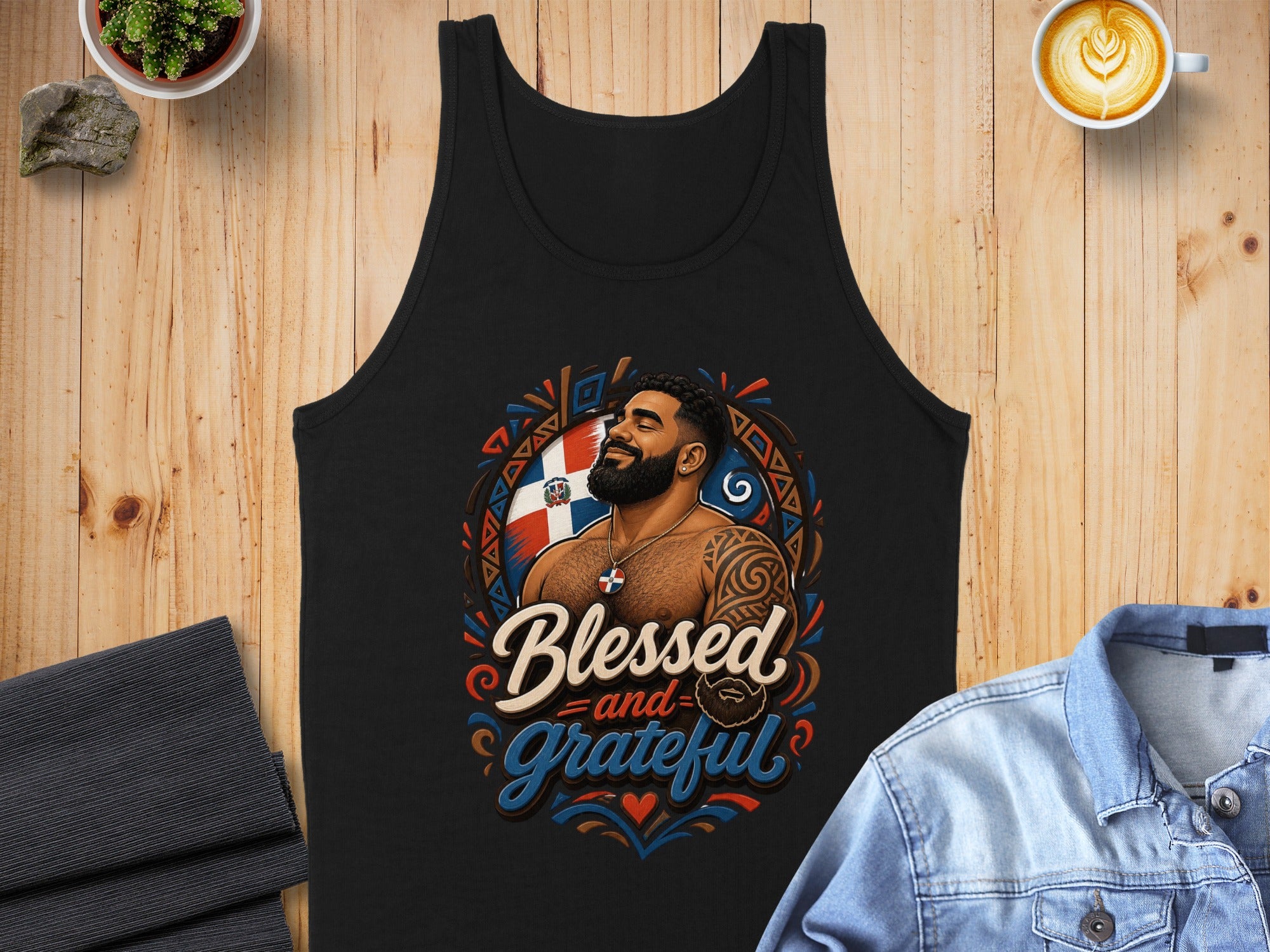 Black tank top with "Blessed and Grateful" text and Dominican flag emblem.