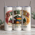 "Husbear" tumbler with LGBTQ+ pride heart, campfire, and plaid shirt graphic.