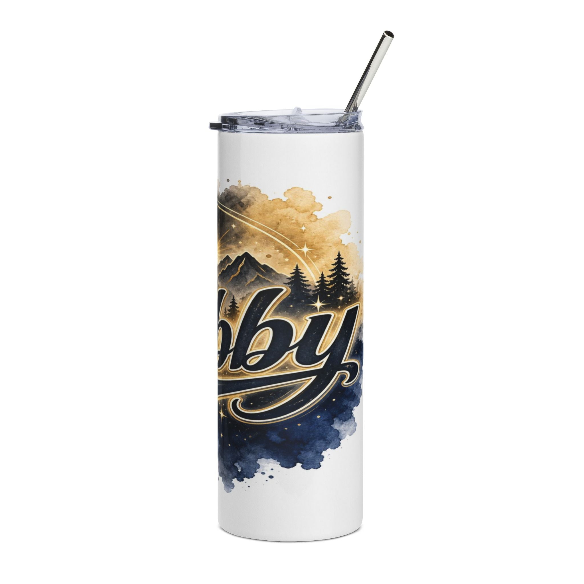 White tumbler with "by" text, mountain, and starry sky design.
