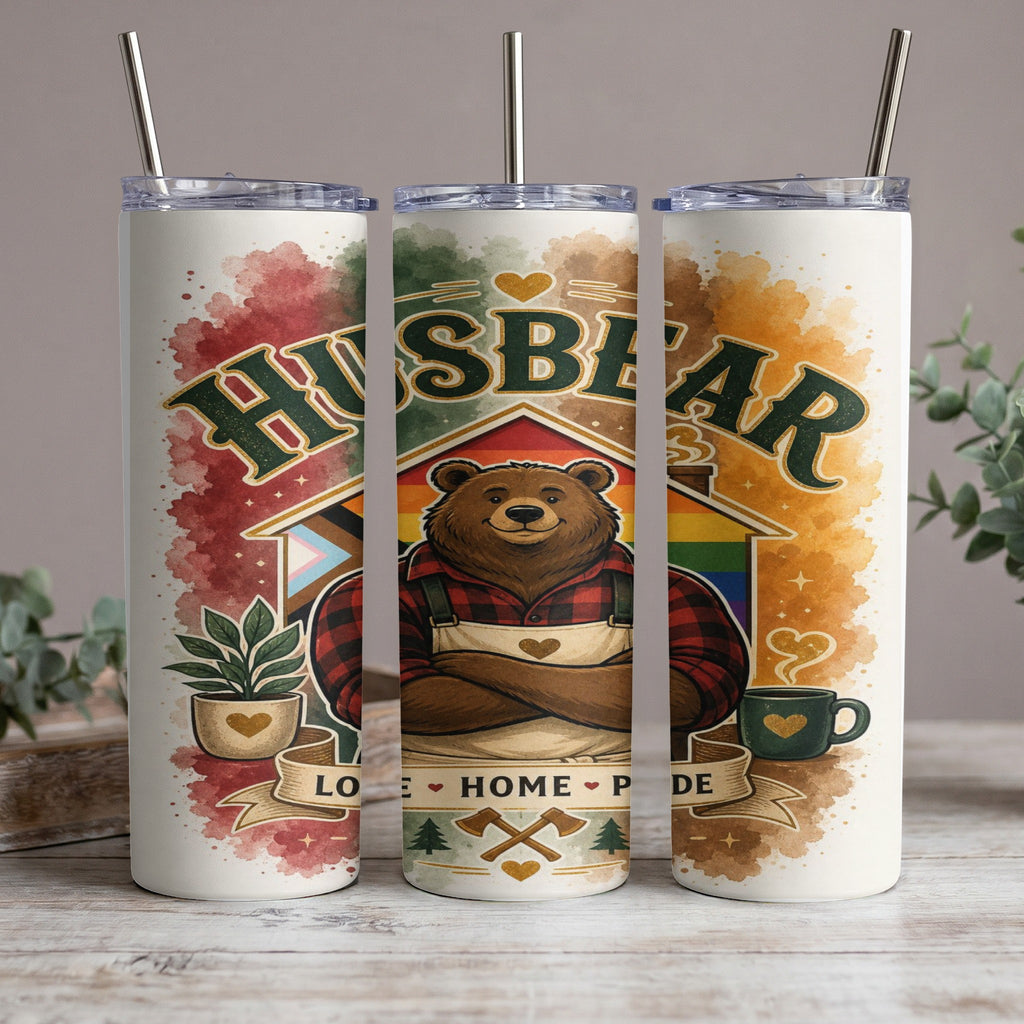 Tumbler with a bear graphic and text "HUSBEAR LOVE HOME PRIDE"