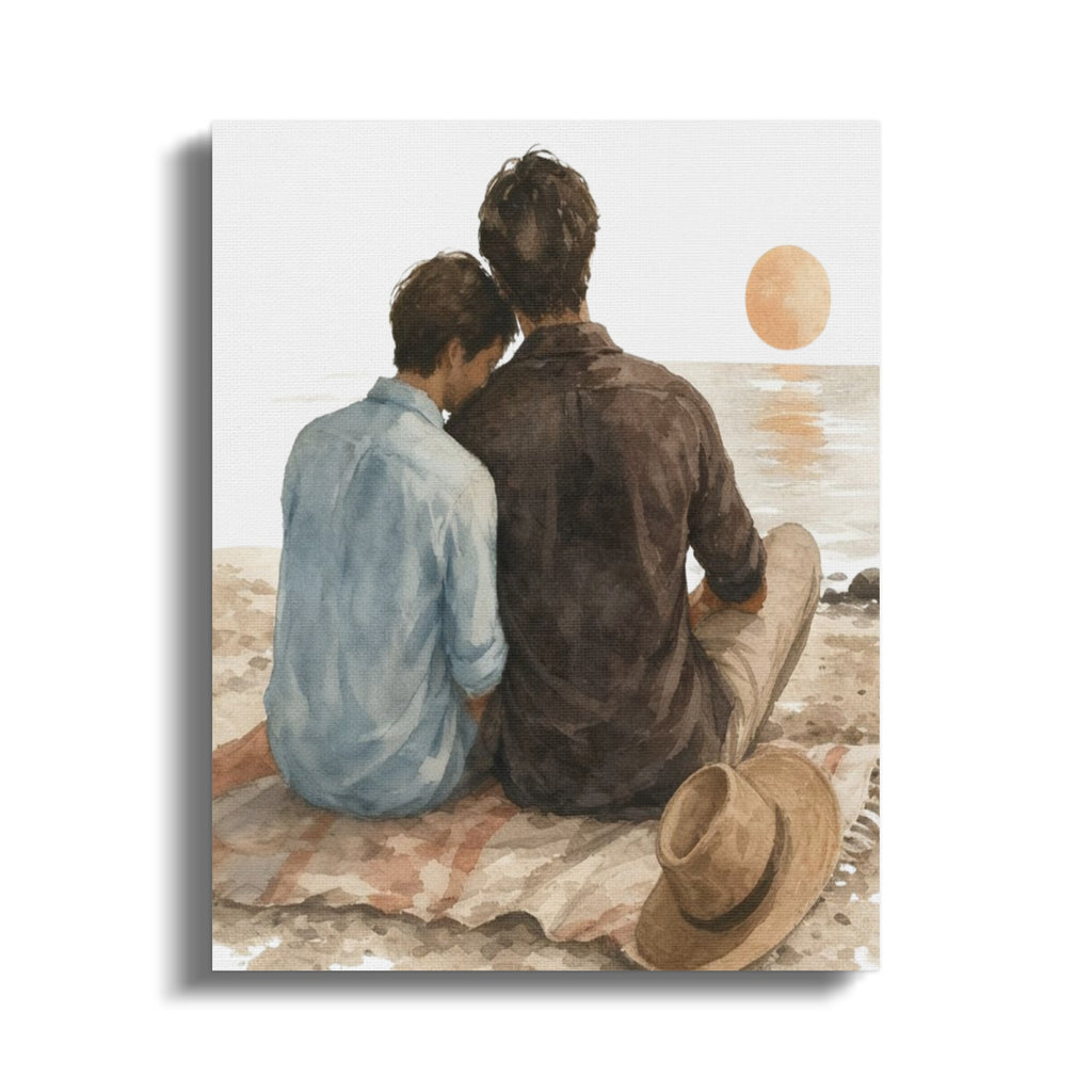 Two men sitting on a blanket by the water at sunset.