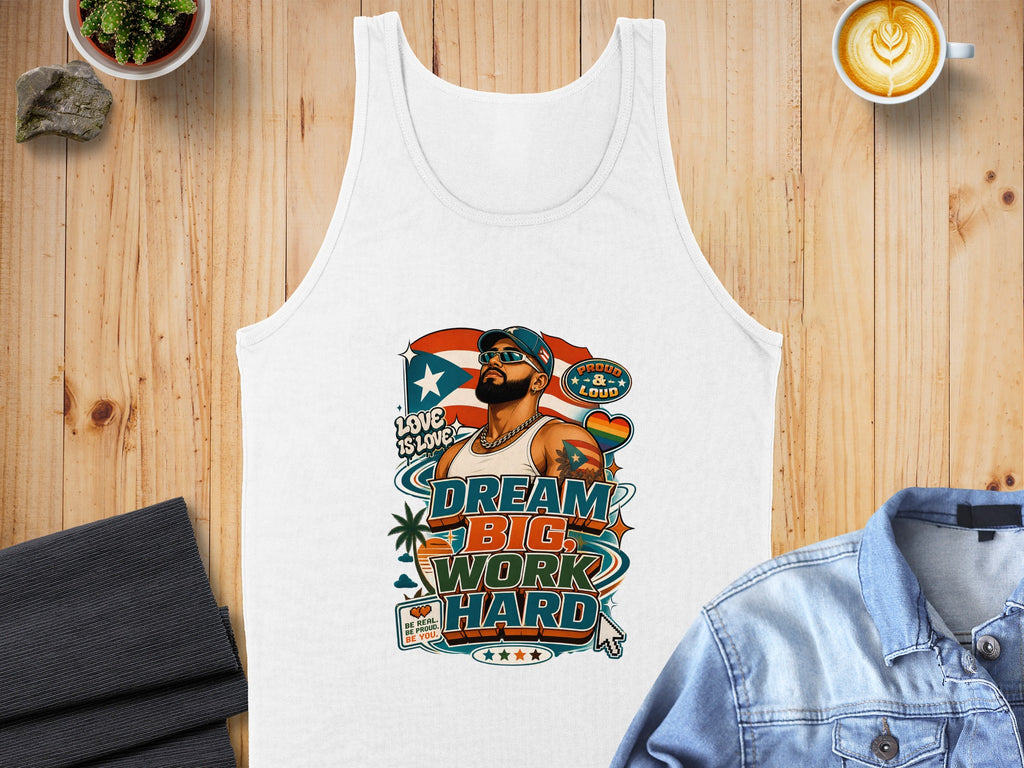 White tank top with "Dream Big Work Hard" graphic and rainbow pride flag.