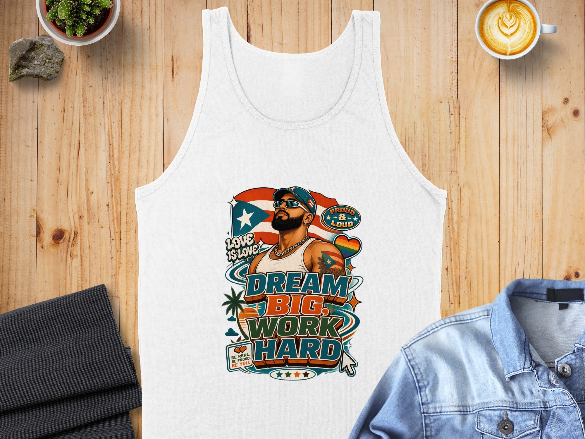 White tank top with "Dream Big Work Hard" graphic and rainbow pride flag.