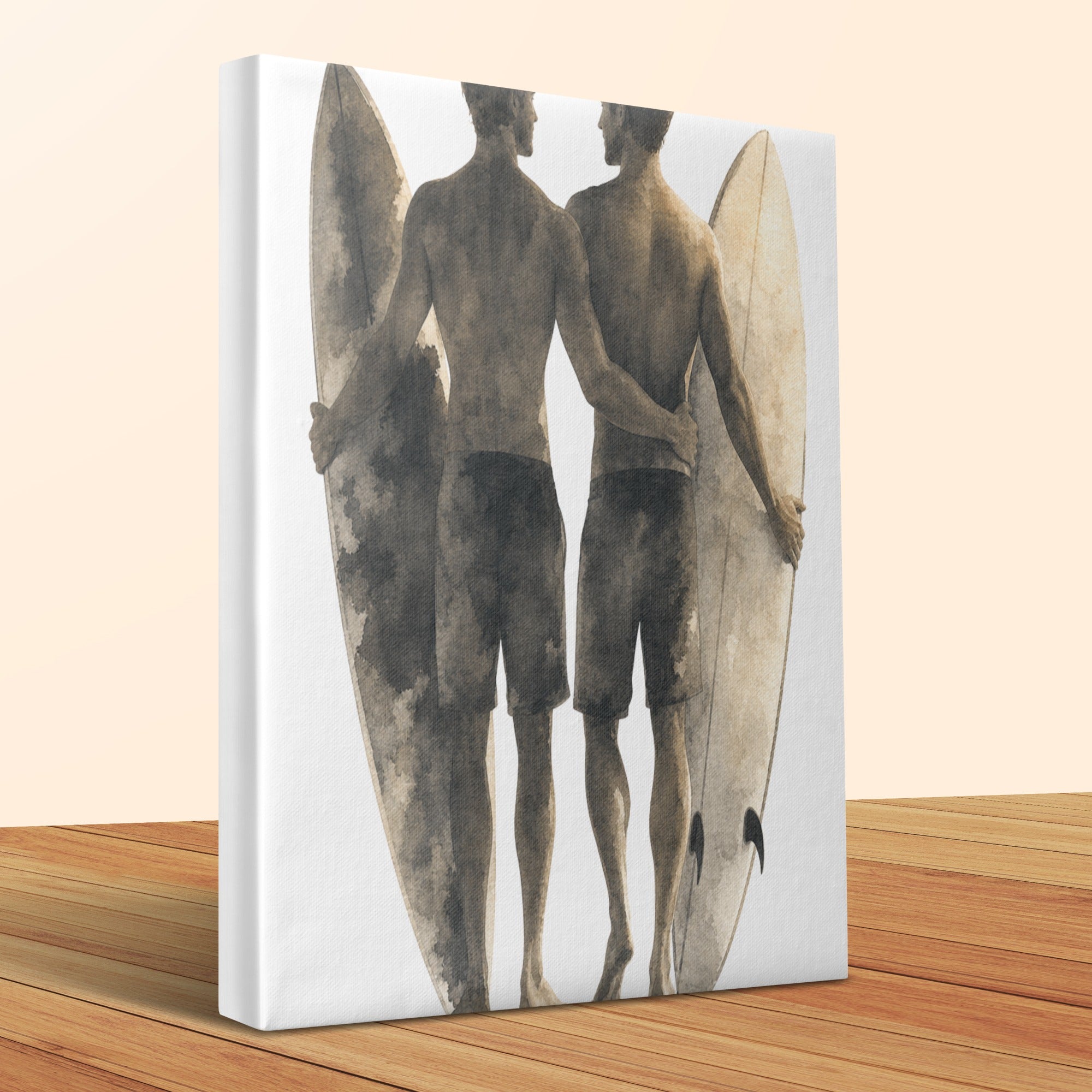 Watercolor of two surfers with surfboards, arms around each other.