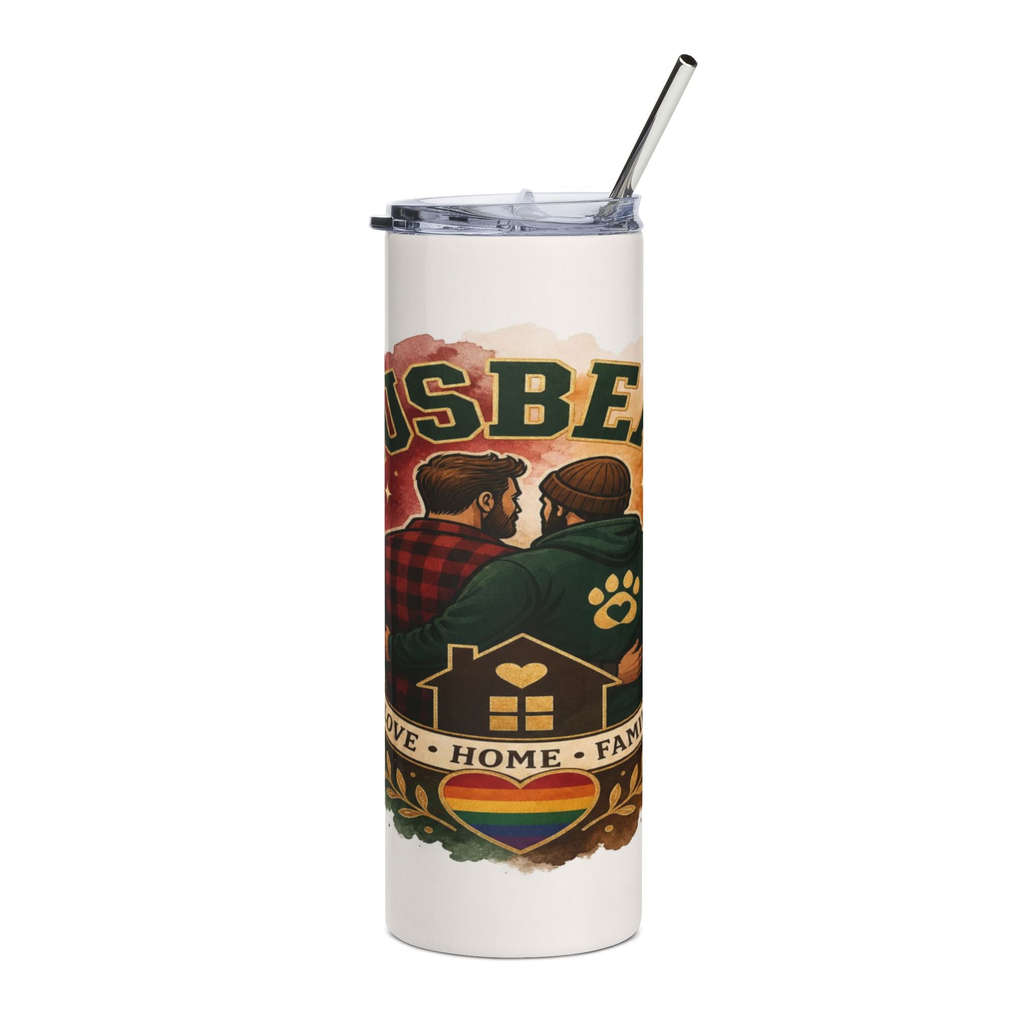 White tumbler with art of two men hugging, house, and rainbow heart.