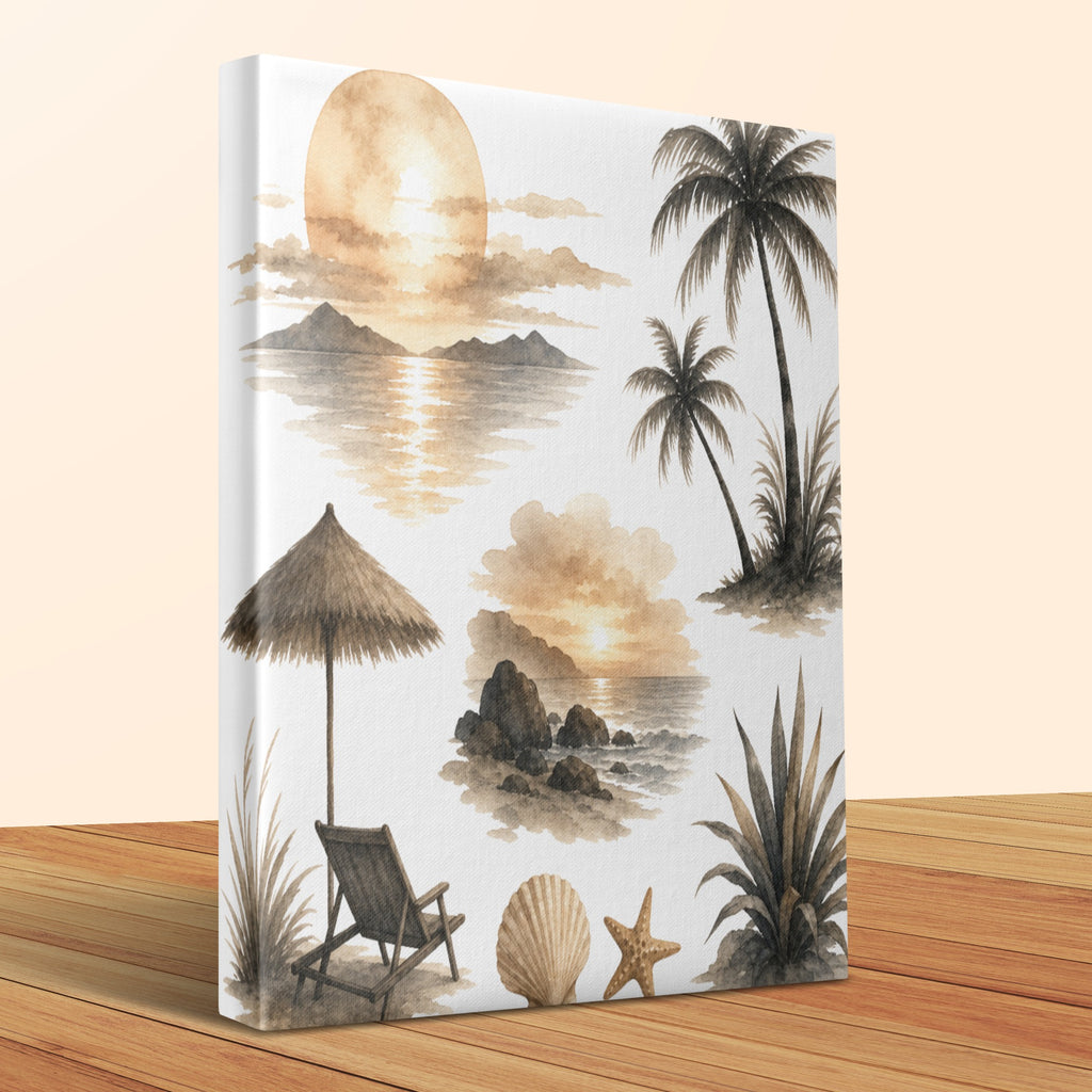 Watercolor beach scenes with palm trees, lounge chair, umbrella, and seashells.