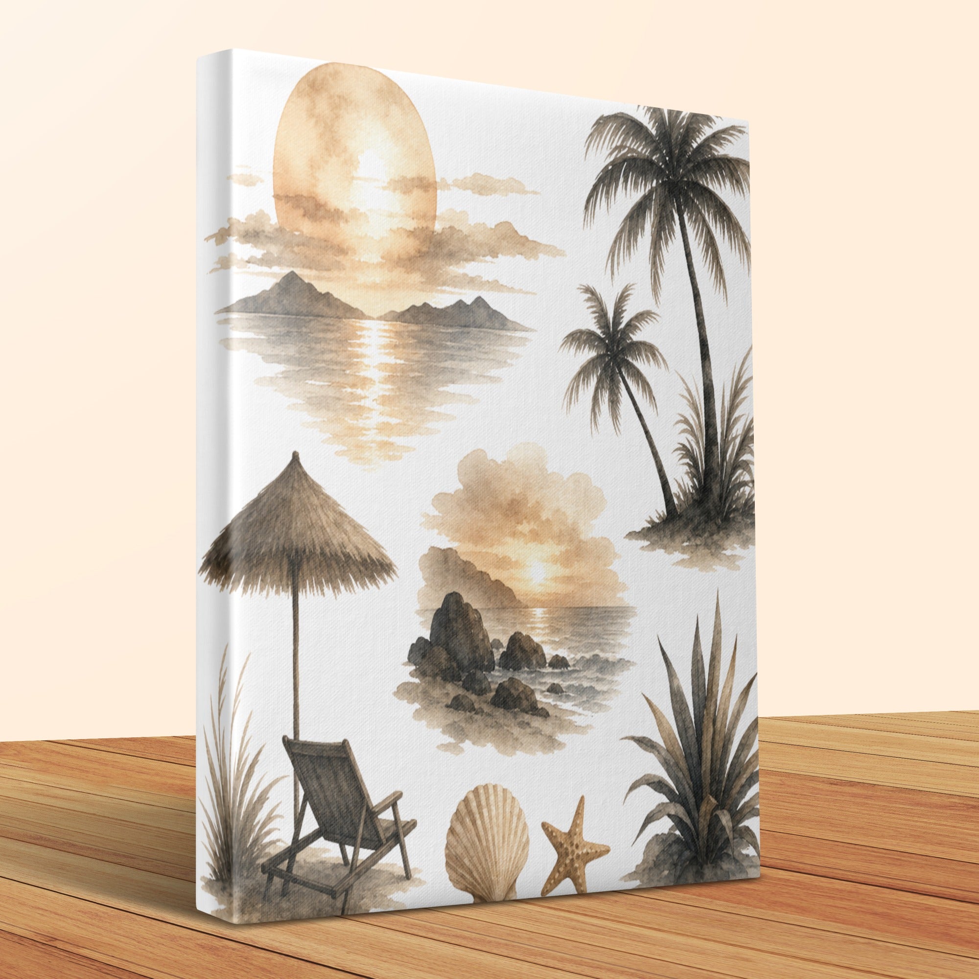 Watercolor beach scenes with palm trees, lounge chair, umbrella, and seashells.