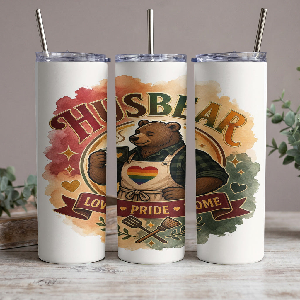 Tumbler with a bear wearing an apron with a rainbow heart and "Husbear Pride" text.