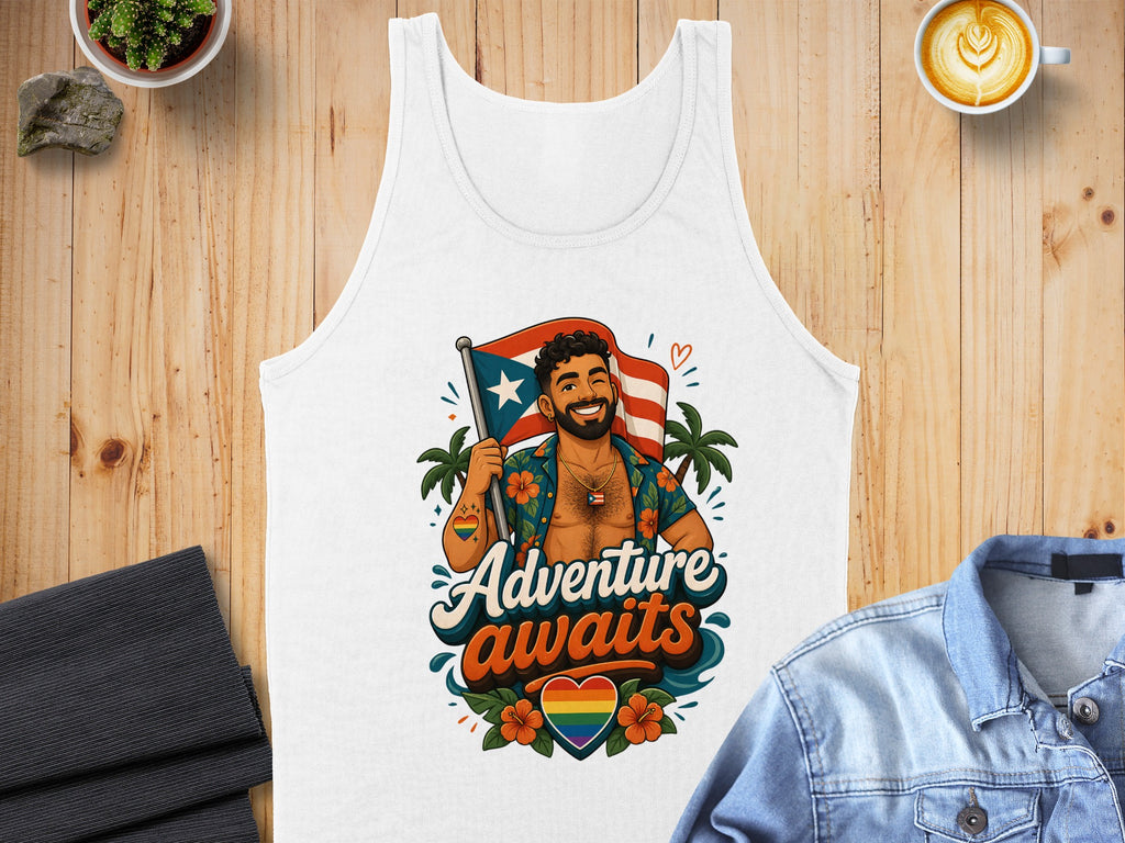 Man with rainbow heart and LGBTQ flag on white tank top.