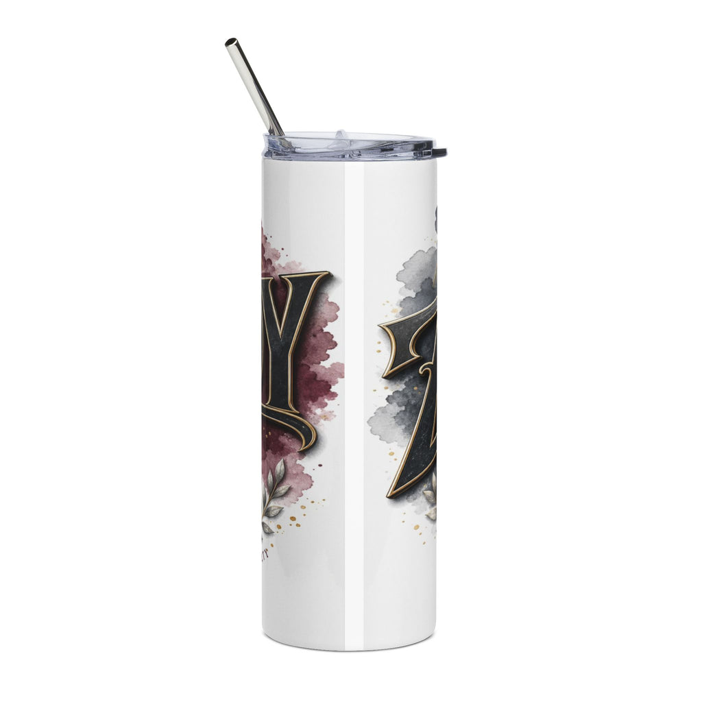 White tumbler with a metal straw and black, gothic-style text.