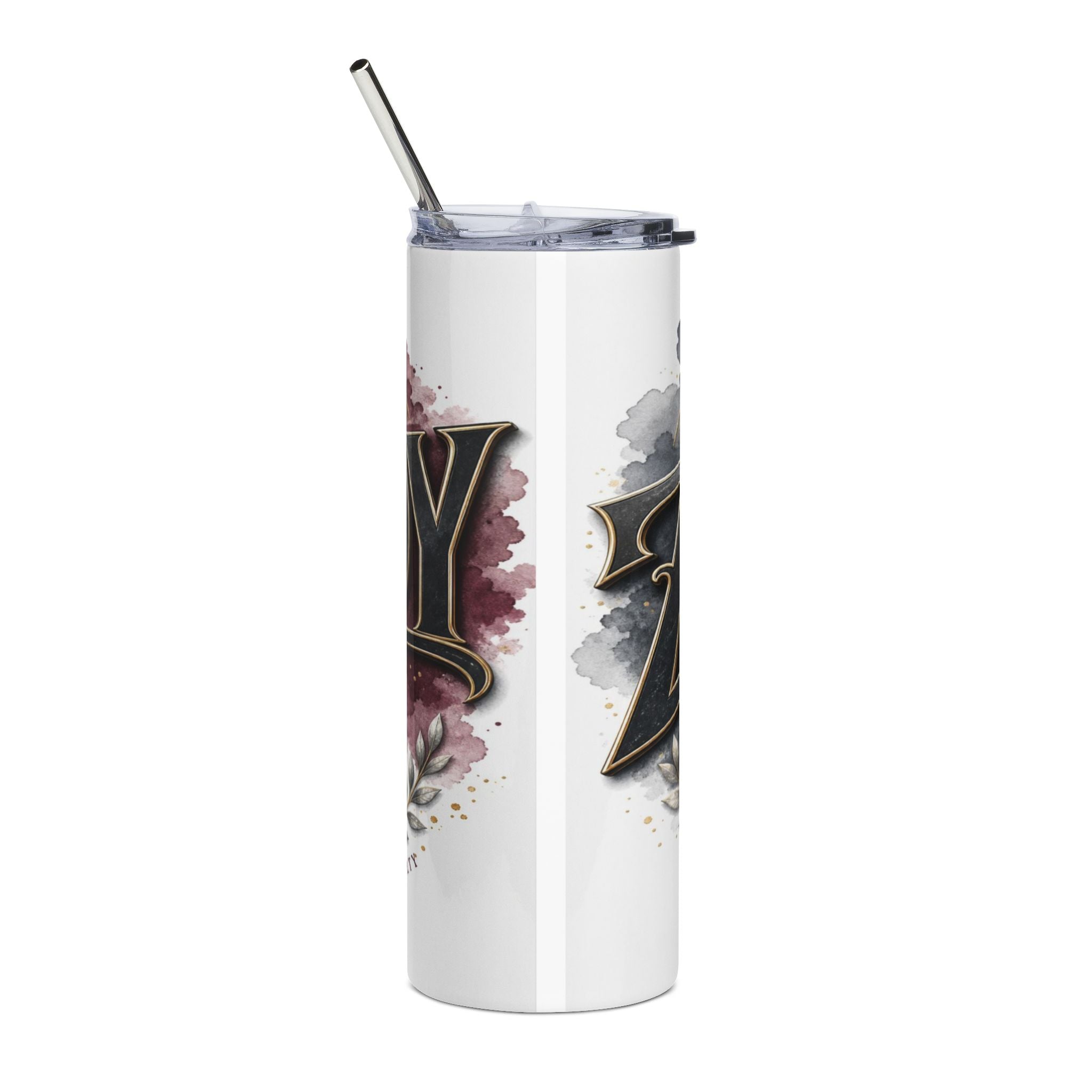 White tumbler with a metal straw and black, gothic-style text.