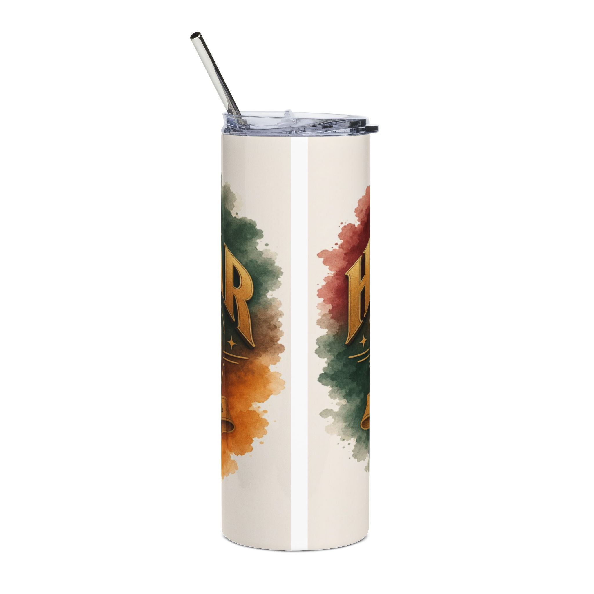Tall tumbler with a straw features "HAIR" text with watercolor splatters.