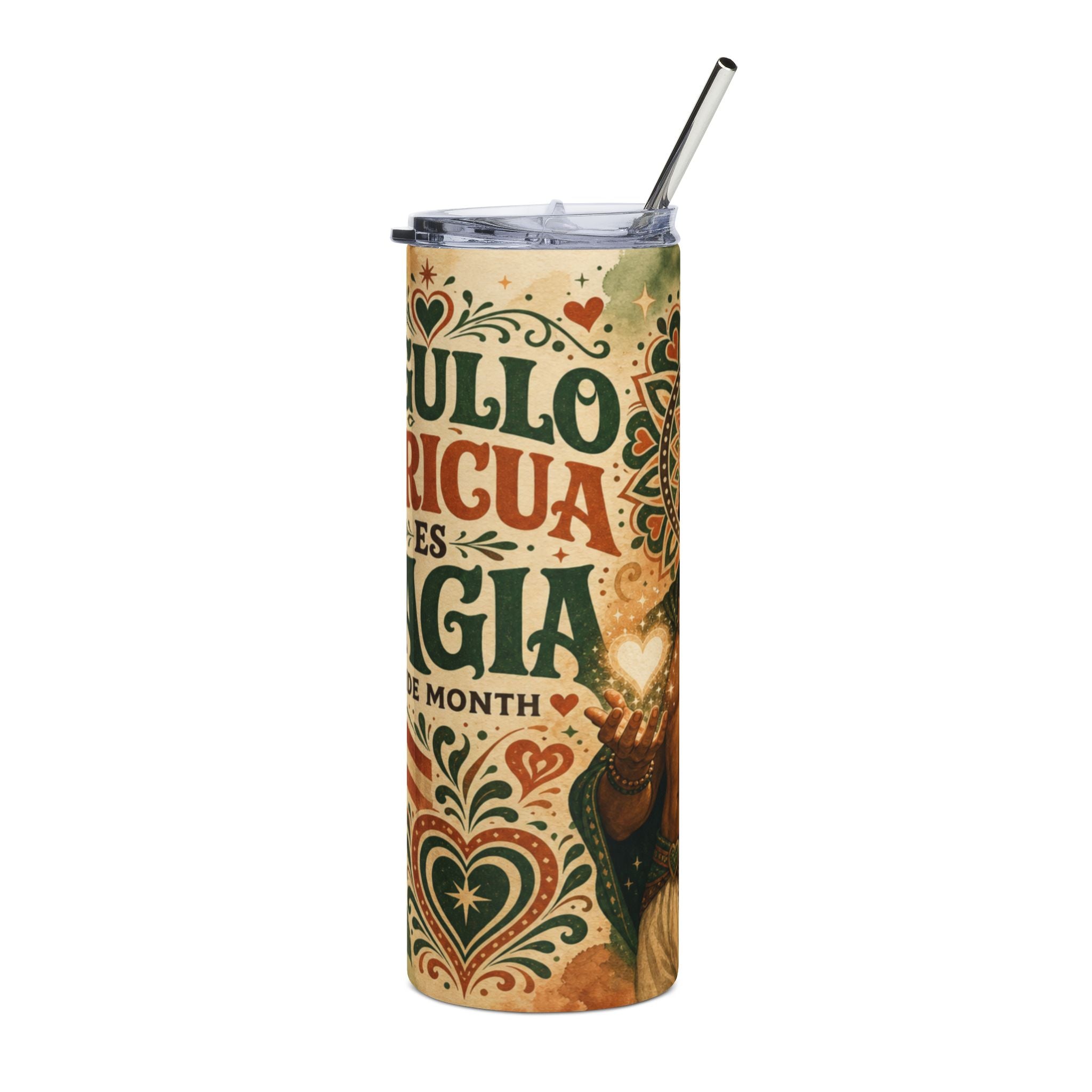 Tumbler with "Orgullo Nicaragüense" text and ornate heart designs.