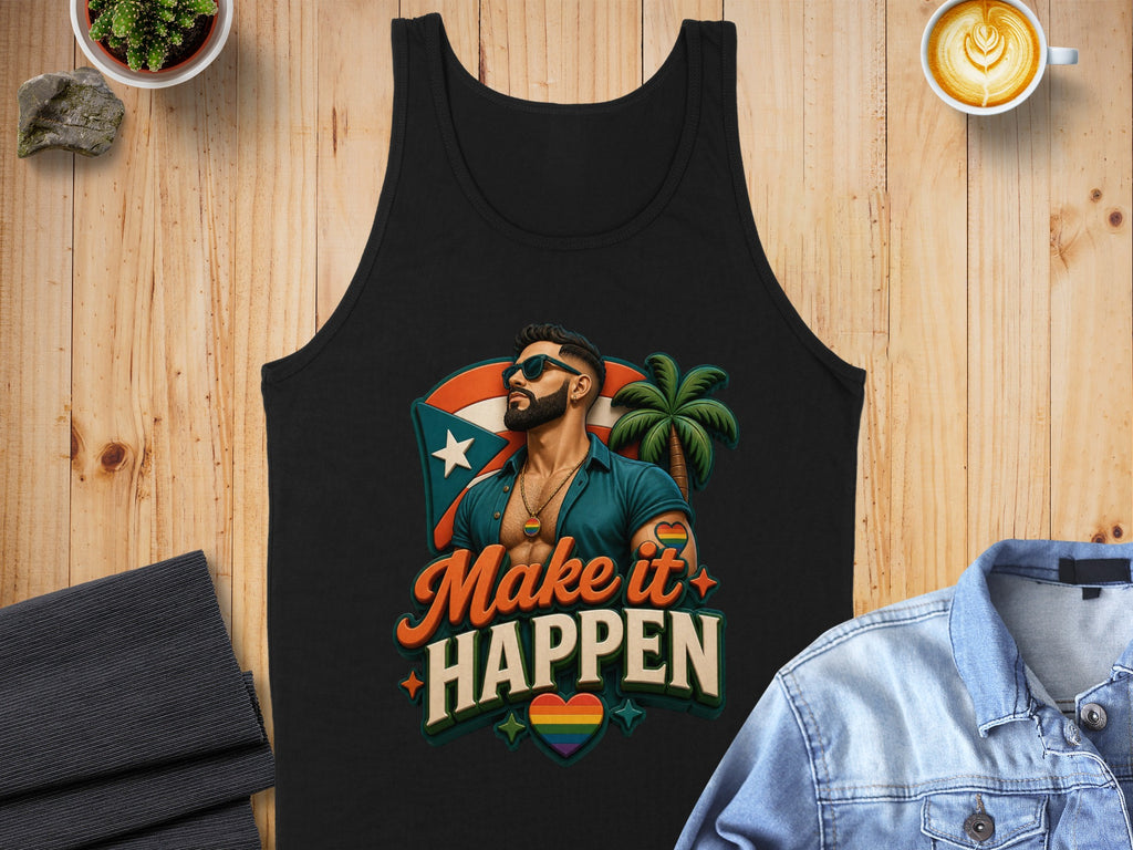 Black tank top with "Make it Happen" and rainbow flag heart graphic.