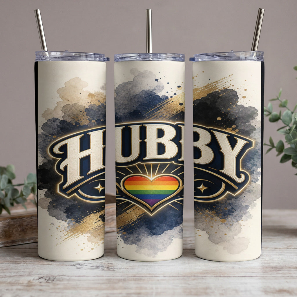 Three tumblers with "HUBBY" text and a rainbow heart graphic on a neutral background.