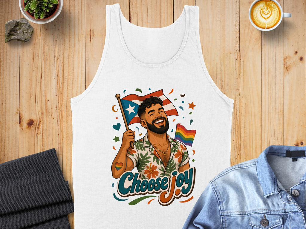 Man with rainbow and Puerto Rican flags, "Choose Joy" text.