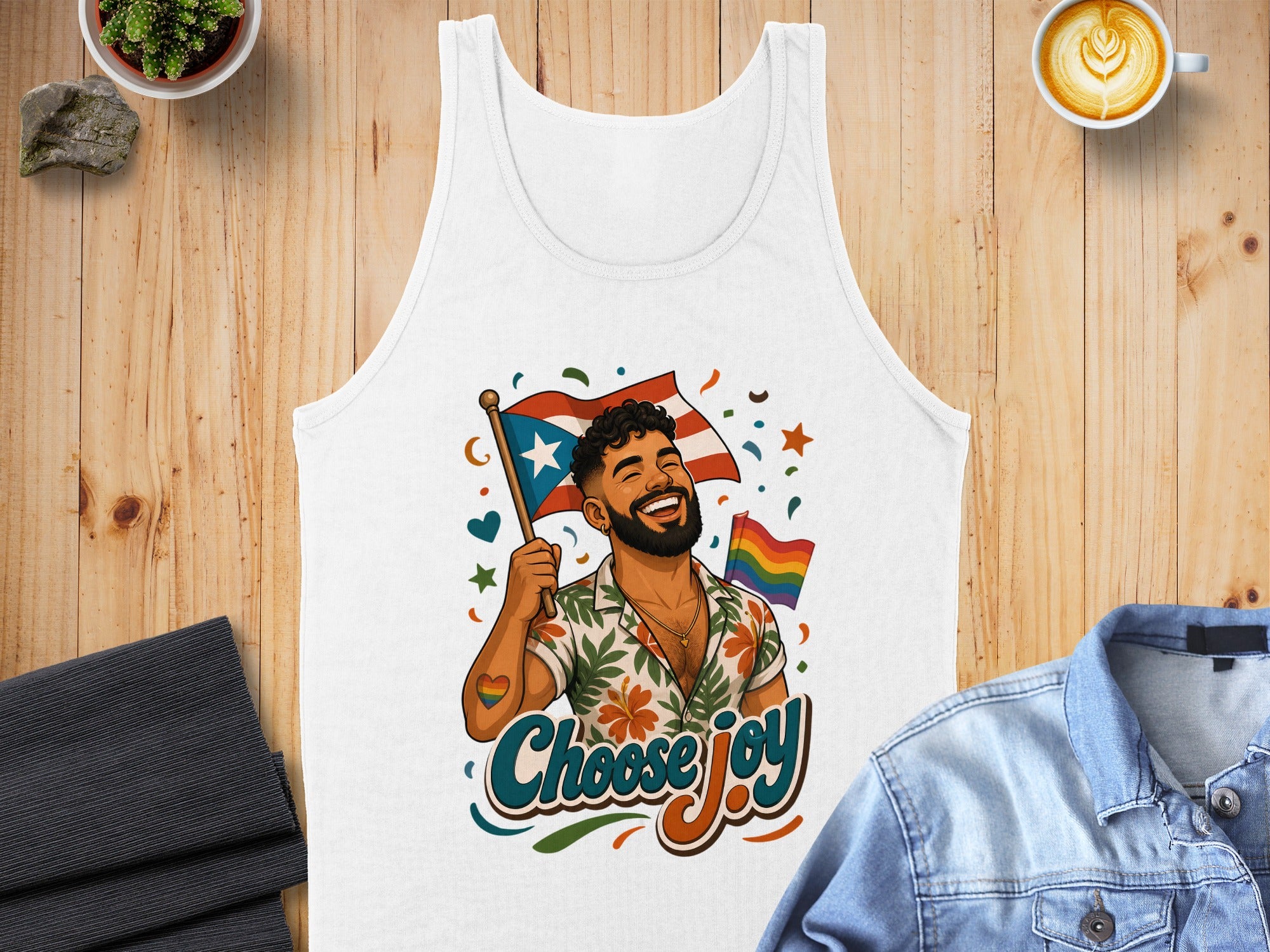 Man with rainbow and Puerto Rican flags, "Choose Joy" text.