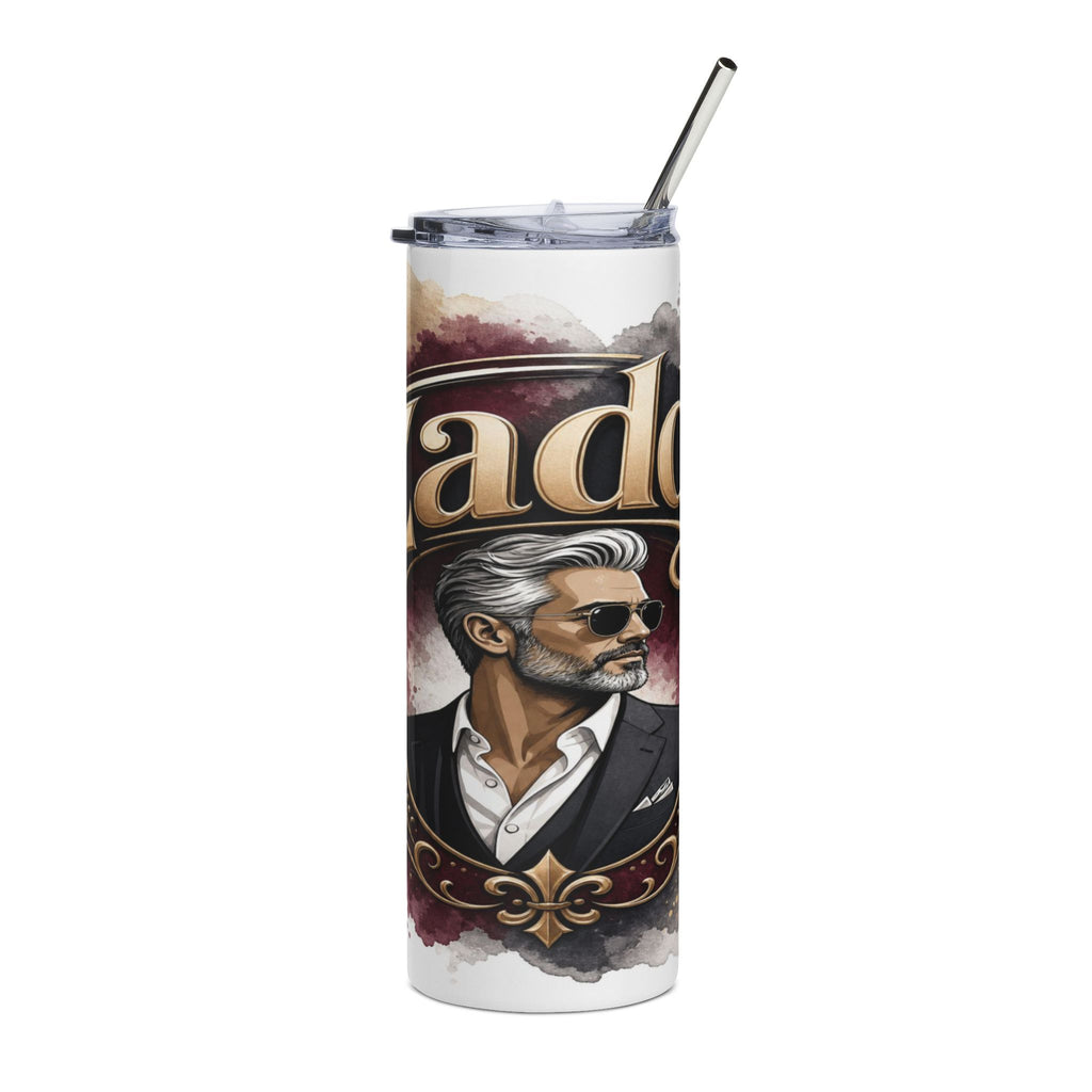 Tumbler with a distinguished man illustration and the word "ado".