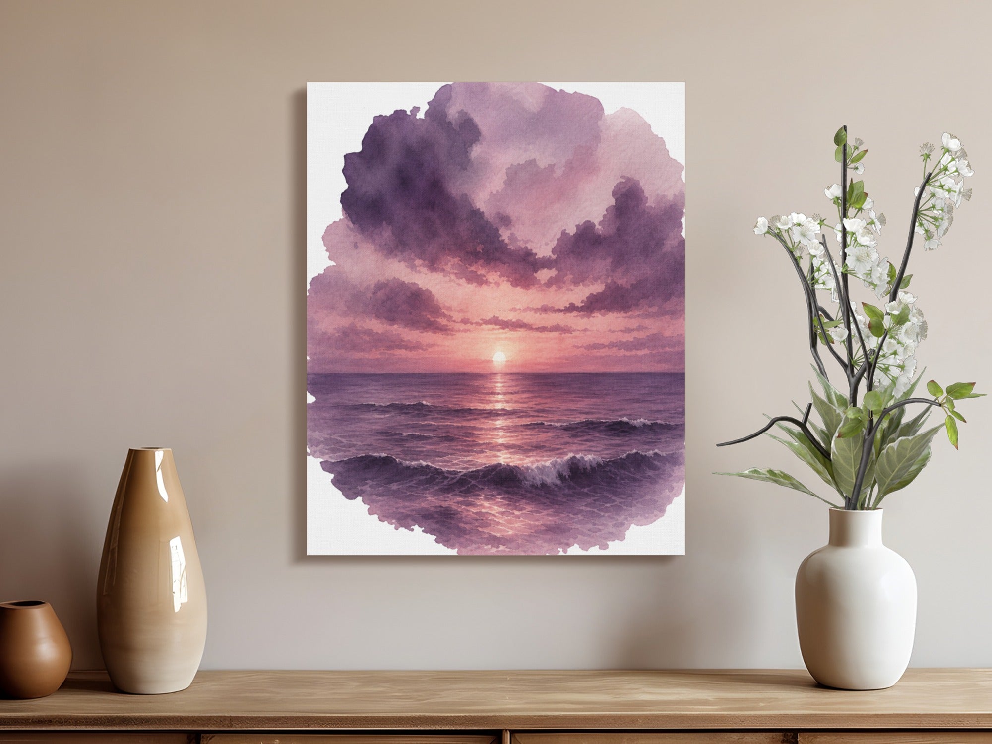 Watercolor painting of a sunset over the ocean with purple clouds.
