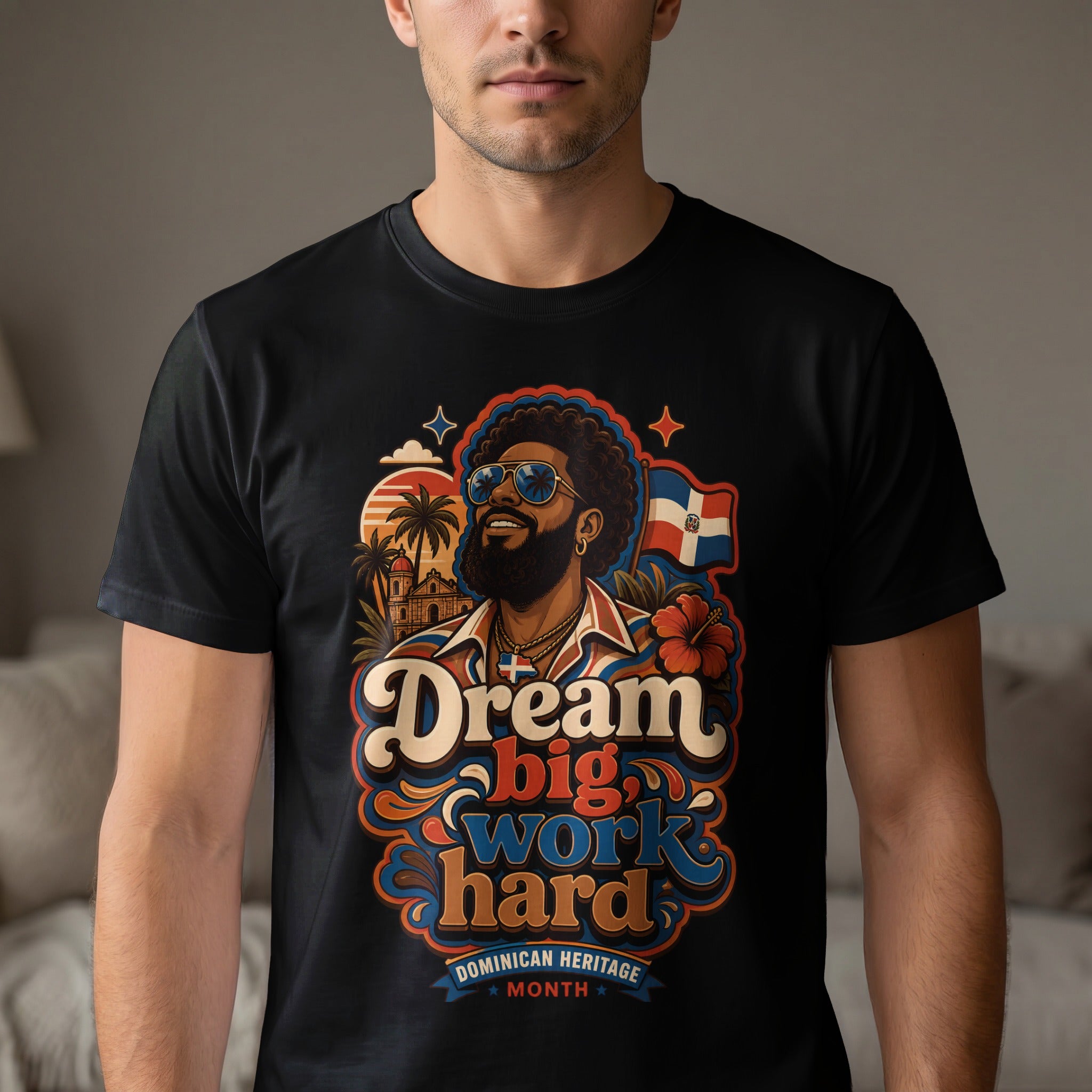 Dominican heritage t-shirt with "Dream big, work hard" text and flag.