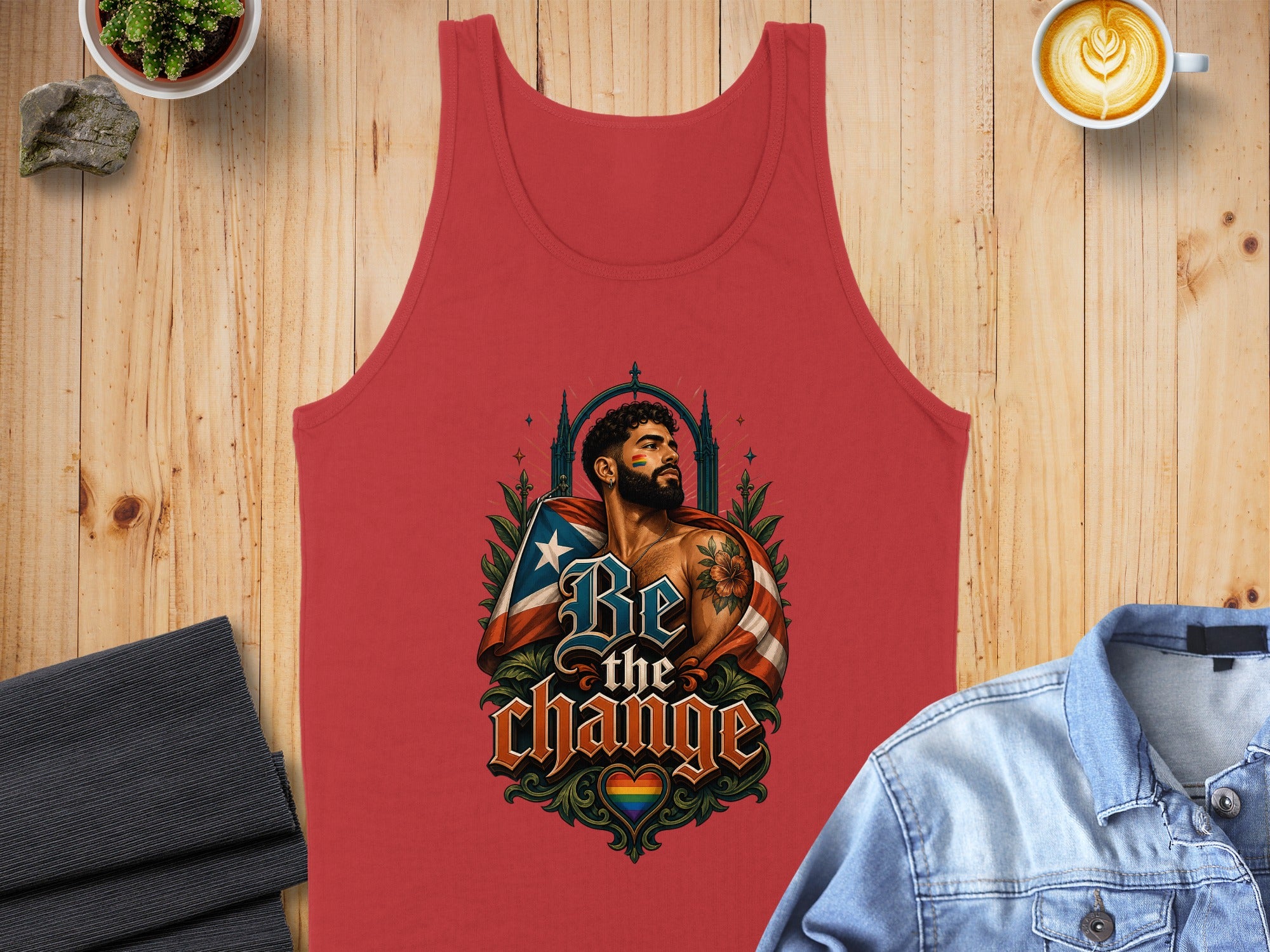 Red tank top with a man, Puerto Rican flag, and "Be the Change" text.