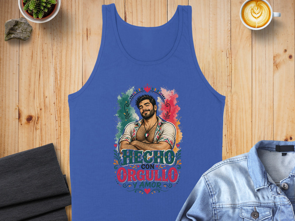 Blue tank top with "Hecho con Orgullo y Amor" text and man's portrait.