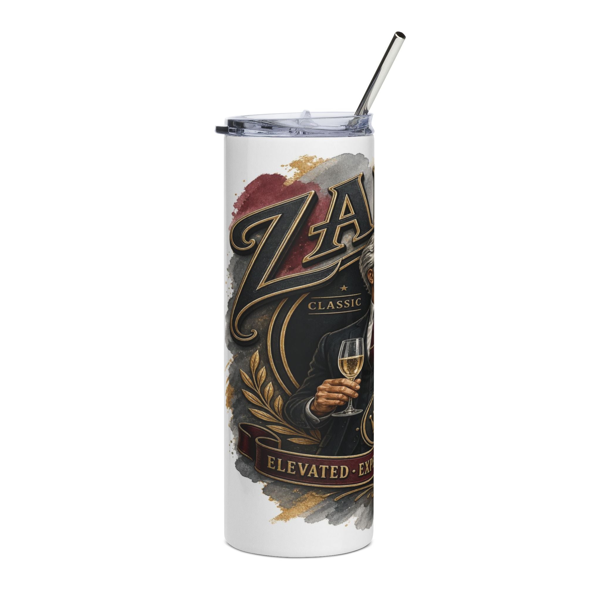 Tumbler with "ZA CLASSIC ELEVATED EXP" text and a man holding a champagne glass.