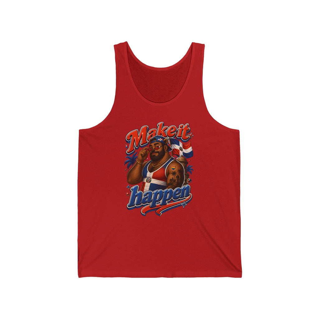 Red tank top with Dominican flag and man saying "Make it happen".