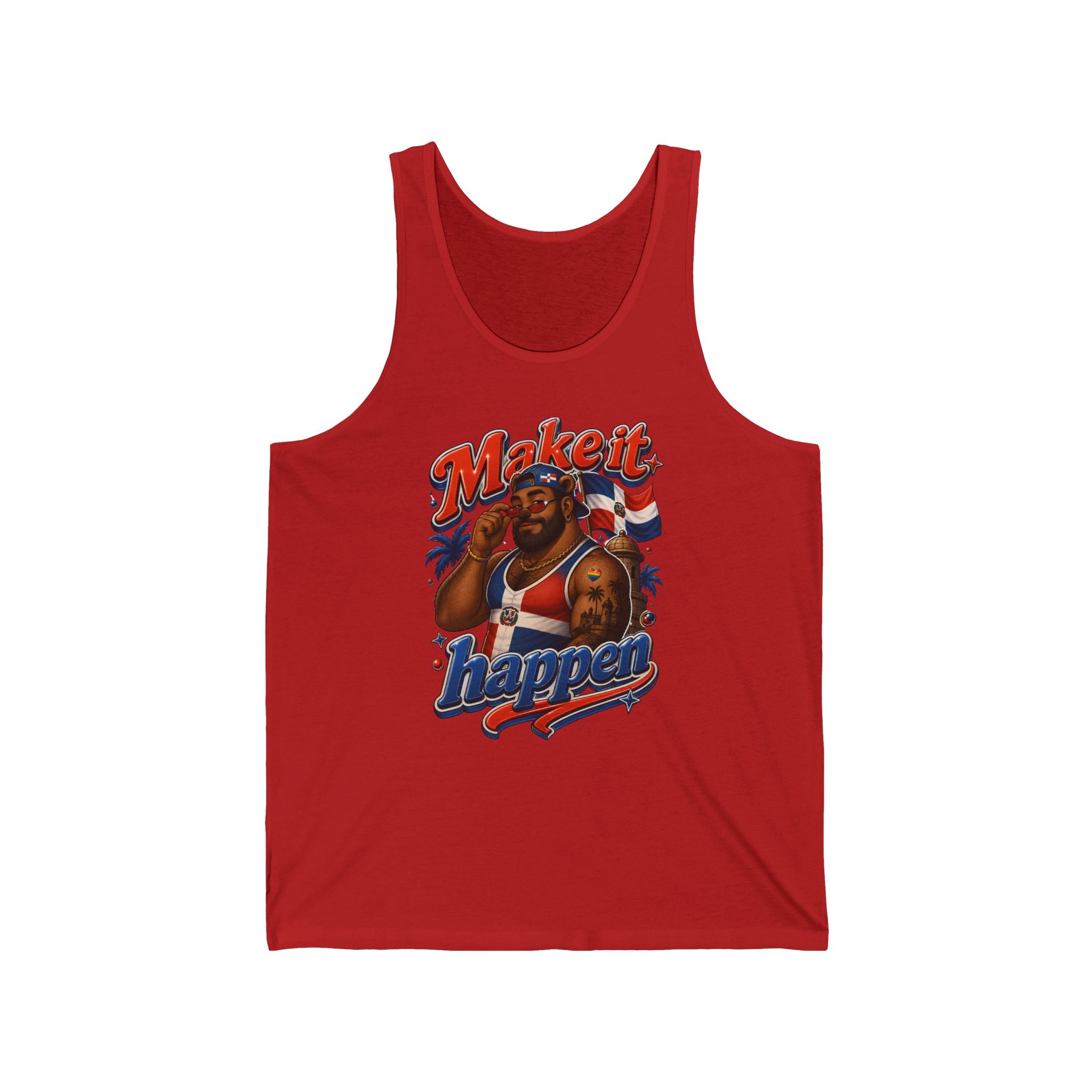 Red tank top with Dominican flag and man saying "Make it happen".