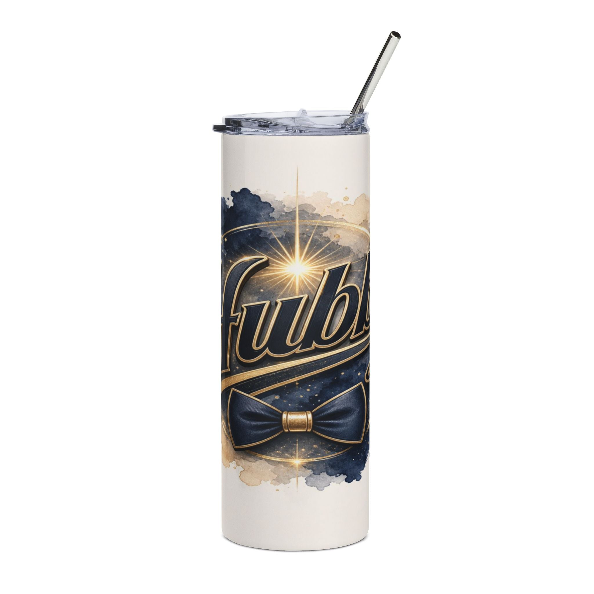 White tumbler with a dark blue bowtie and "fub!" text against a starry background.