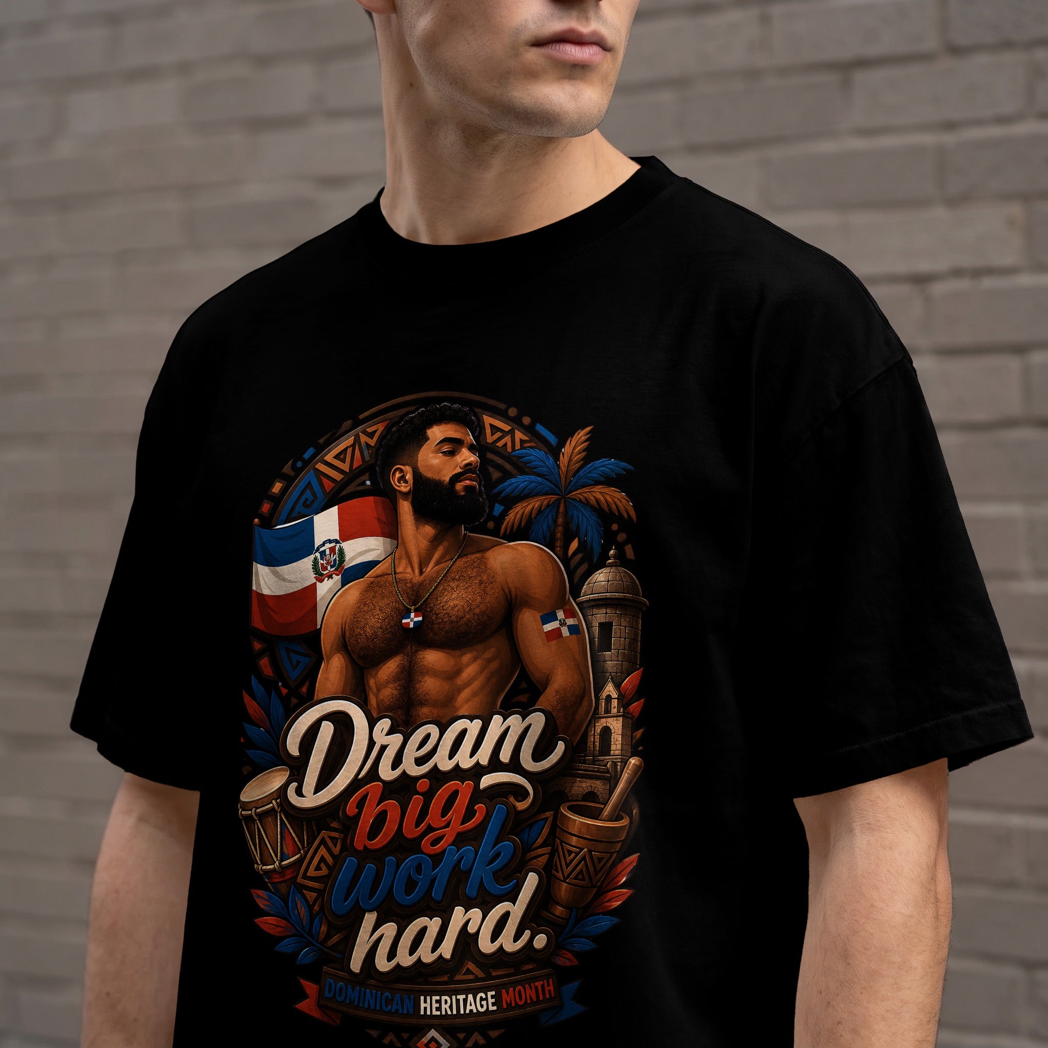 Black t-shirt with "Dream Big Work Hard" and Dominican Republic flag.