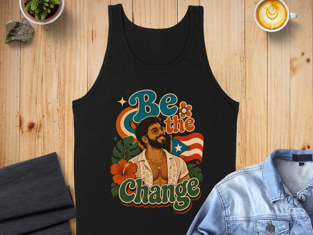 Black tank top with "Be the Change" and rainbow accents featuring a man with sunglasses and the Puerto Rican flag.