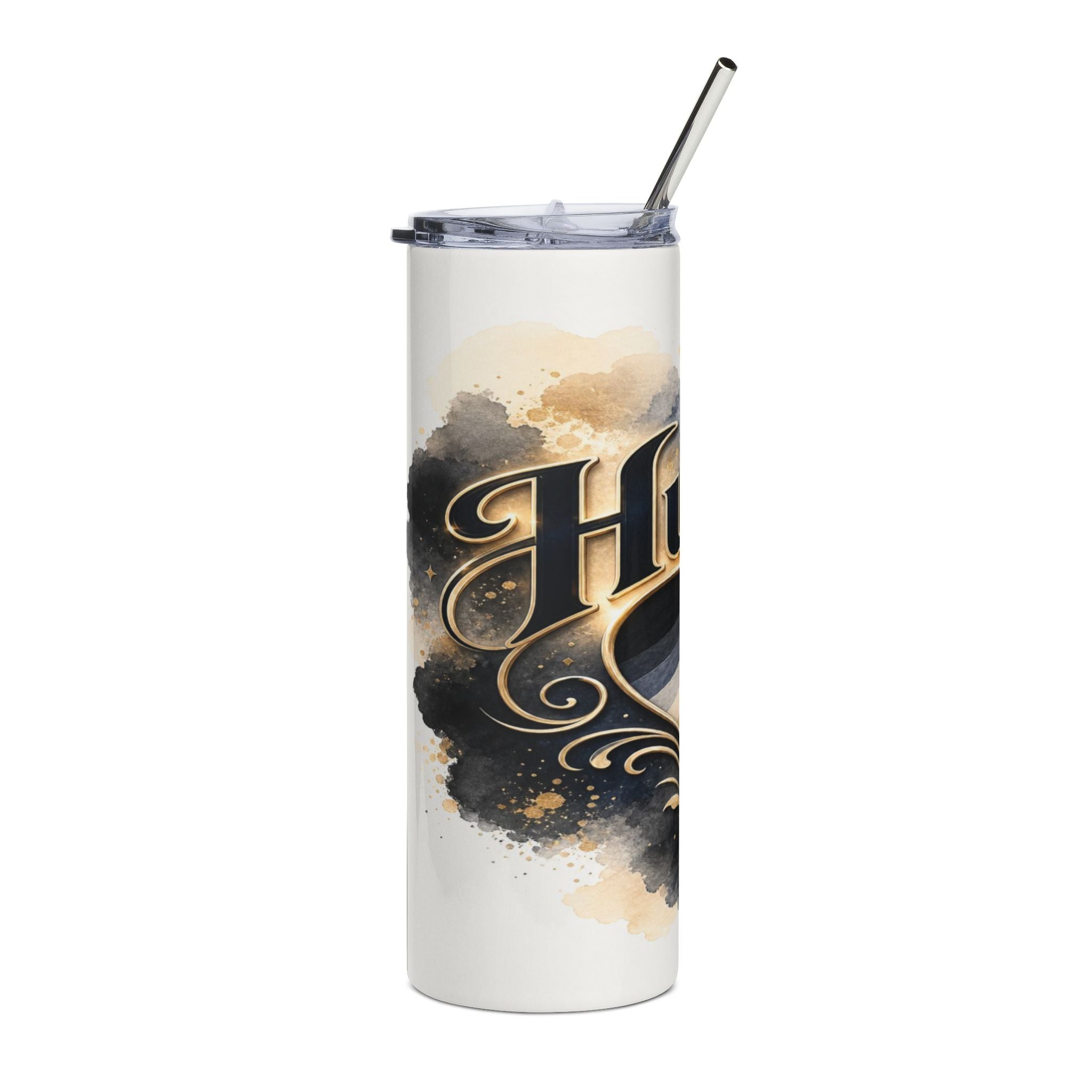 White tumbler with black and gold watercolor design and stylized "H" letter.