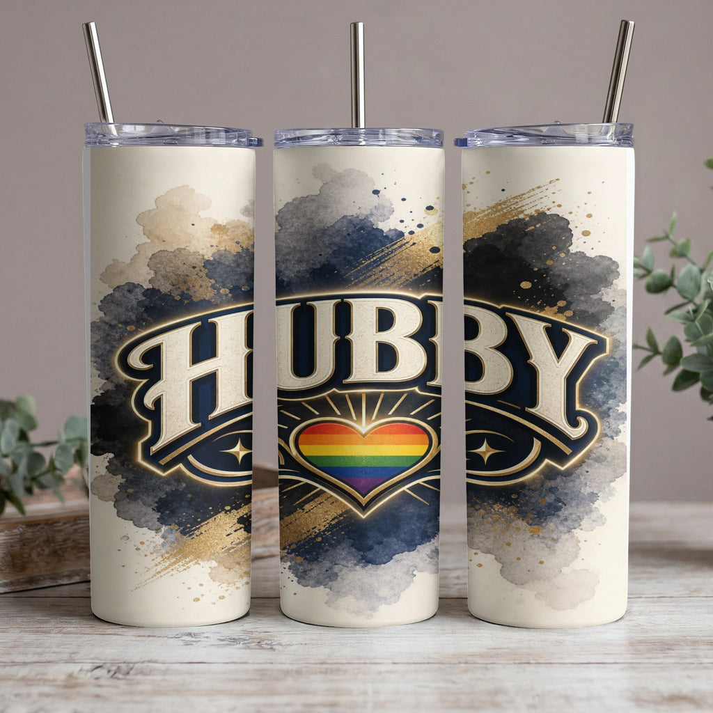 Tumbler with "Hubby" text, rainbow heart, and abstract design.