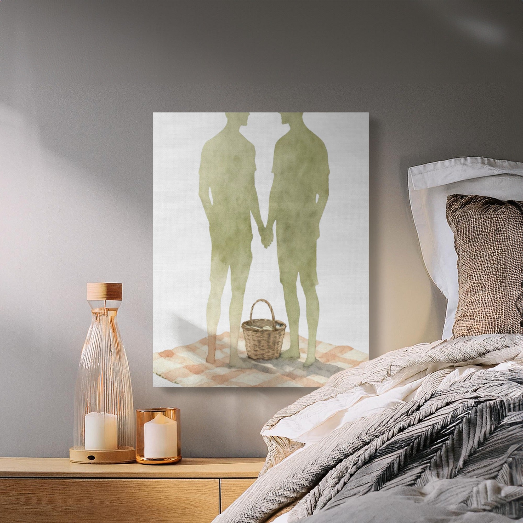 Watercolor silhouette of two men holding hands beside a picnic basket