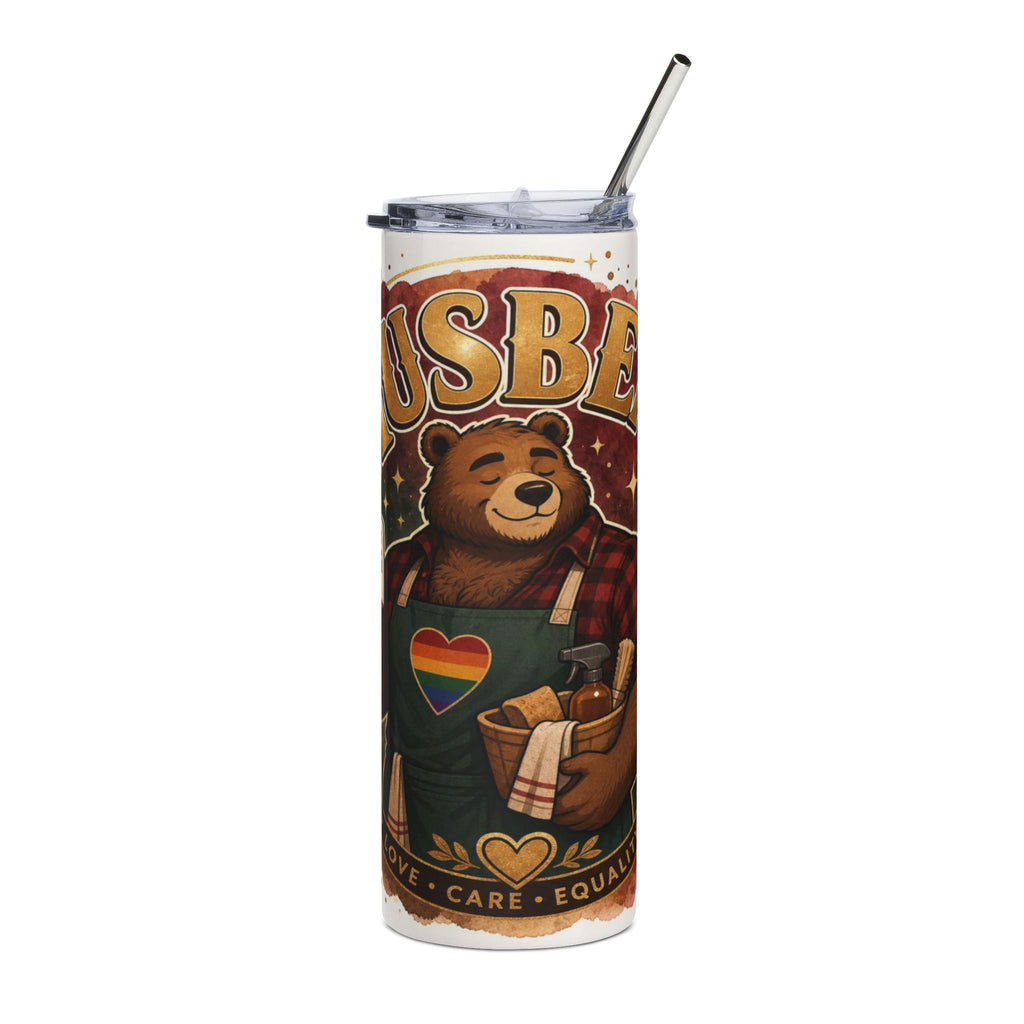 Tumbler with illustration of a bear in an apron with a rainbow heart and cleaning supplies.