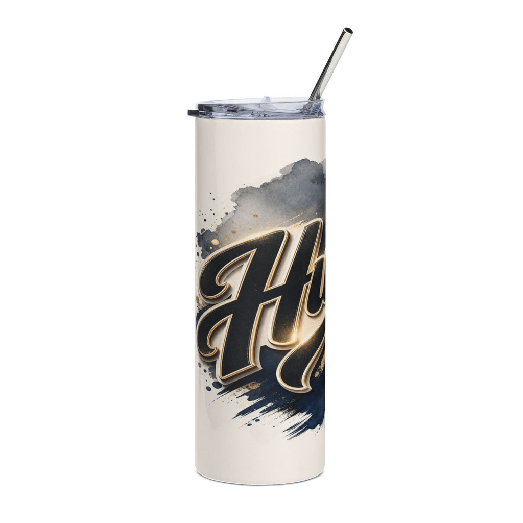 Cream tumbler with black and gold "Hey" text and watercolor design.