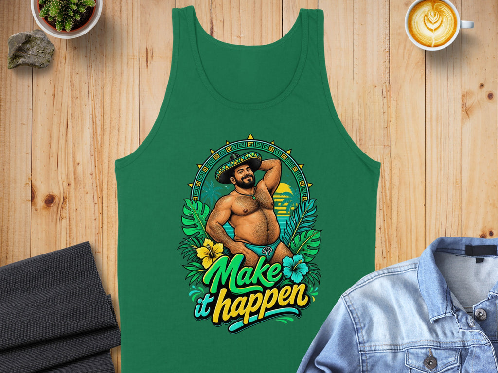 Green tank top with "Make it happen" text and a stylized man in a sombrero.
